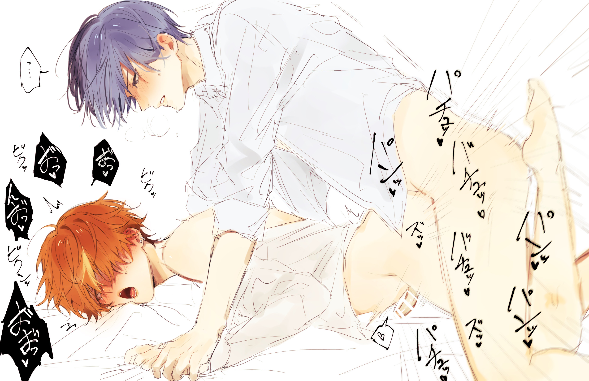2boys, anal, anal sex, aoyagi touya, blue eyes, blue hair, blush, gay, ginger, holding hands, japanese text, male, male only, okayu70204, orange hair, pinned down, pinned to bed, project sekai, shinonome akito, thrusting, thrusting into ass, yaoi