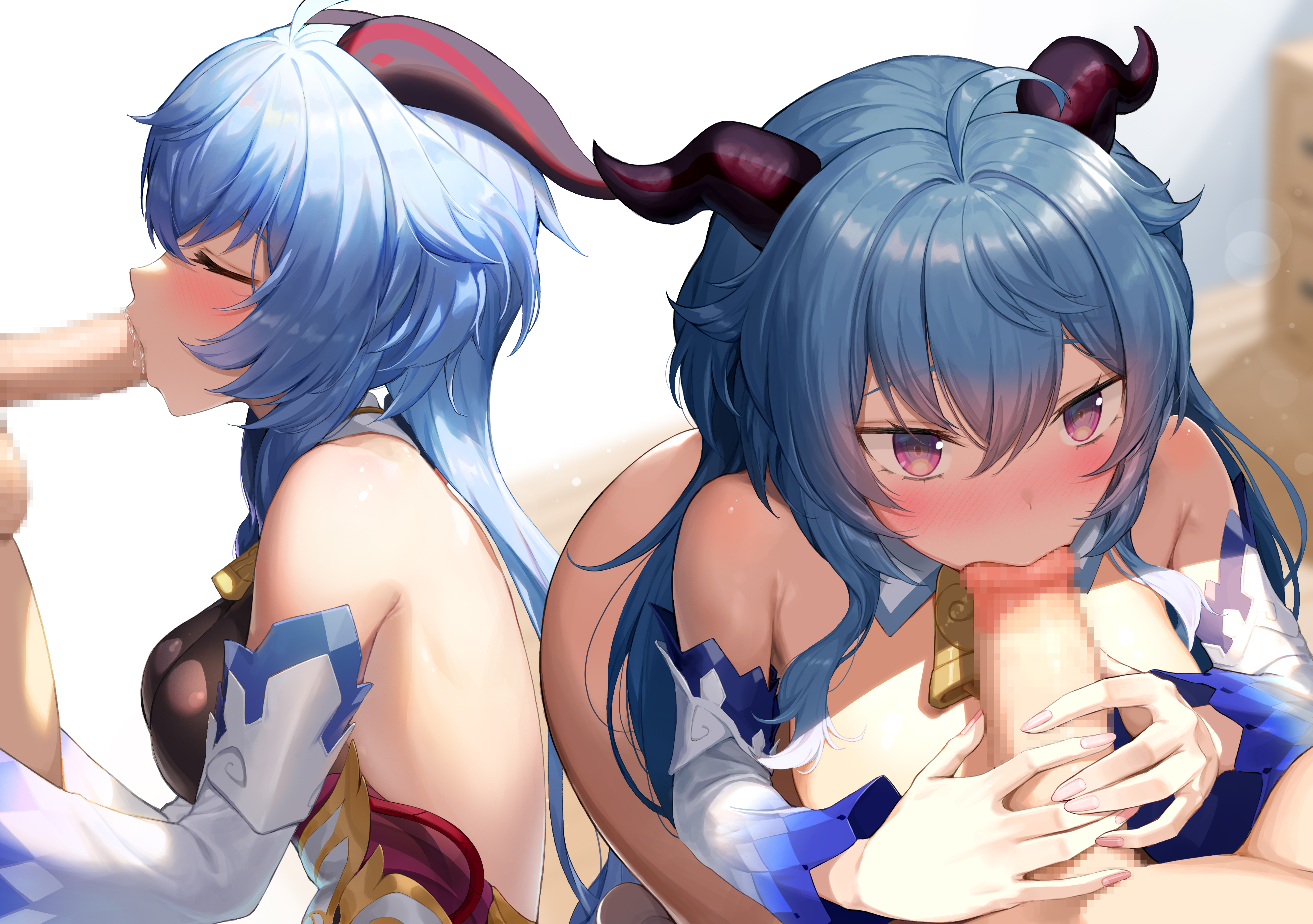 ass, balls, big ass, blue hair, blush, breasts, censored, censored penis, cleavage, fellatio, female, ganyu (genshin impact), genshin impact, greem bang, horns, light skin, light-skinned female, light-skinned male, male, mosaic censoring, oral, penis, penis in mouth, pink eyes, suck the tip, sucking, tagme, testicles