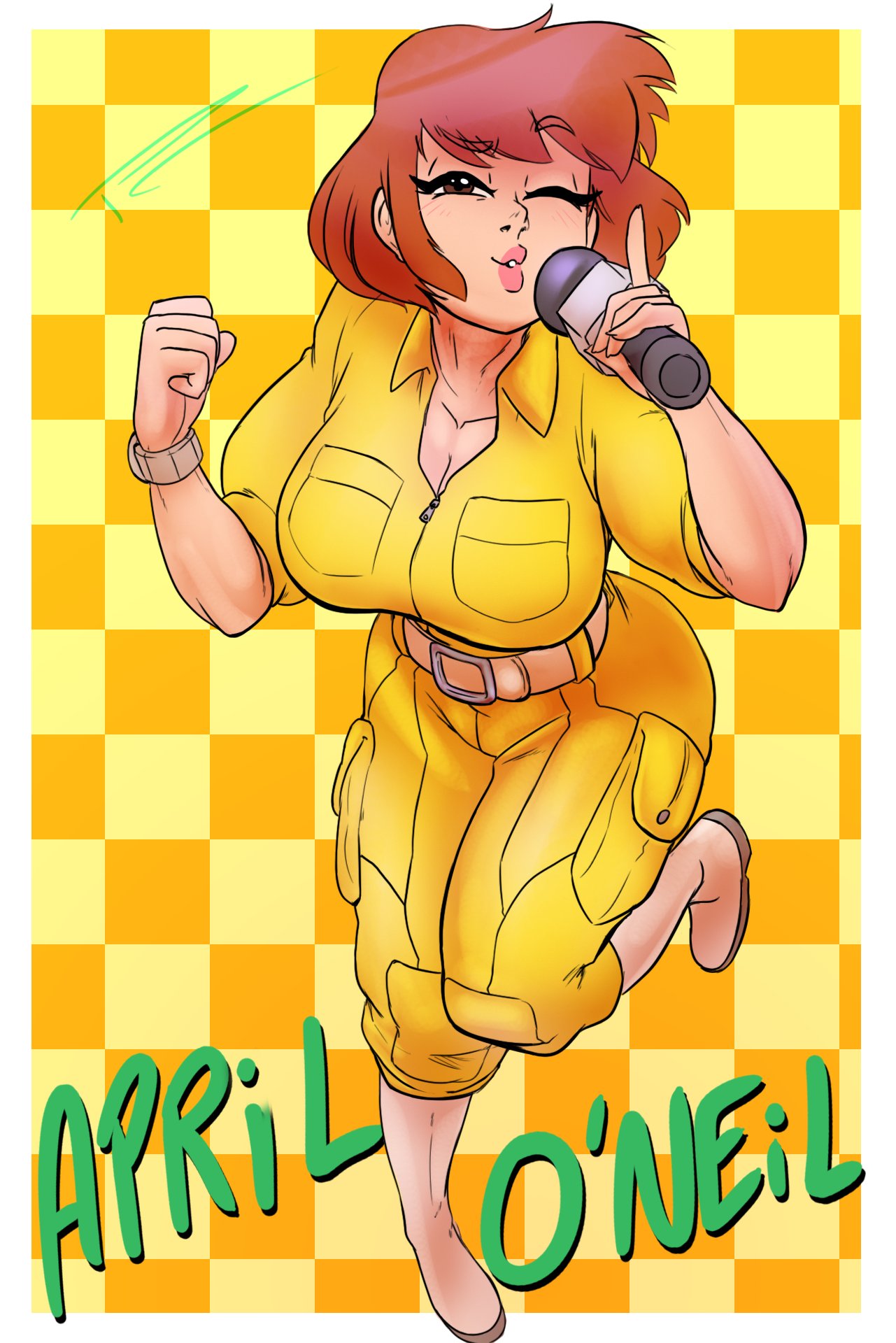 1girls, april o'neil, april o'neil (tmnt 1987), belt, checkered background, eyes half open, fakeryway, female, footwear, human, microphone, outerwear, pale skin, pleasure castle, pose, solo, solo female, tagme, teenage mutant ninja turtles, text, tmnt 1987, white border, wink, yellow background, yellow theme