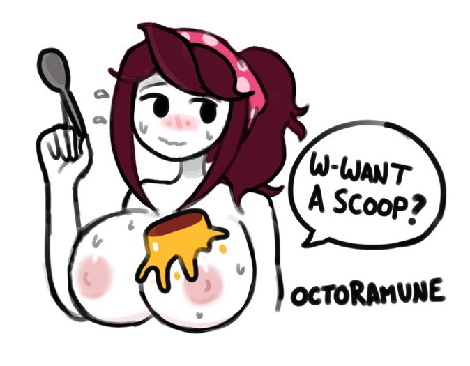 big_breasts blush breasts brown_hair cooking_mama cosplay dialogue jaiden jaiden_animations jaidenanimations mango_pudding mango_pudding_on_breasts mob_face nervous octoramune remake spoon sweat sweatdrop text youtube youtuber