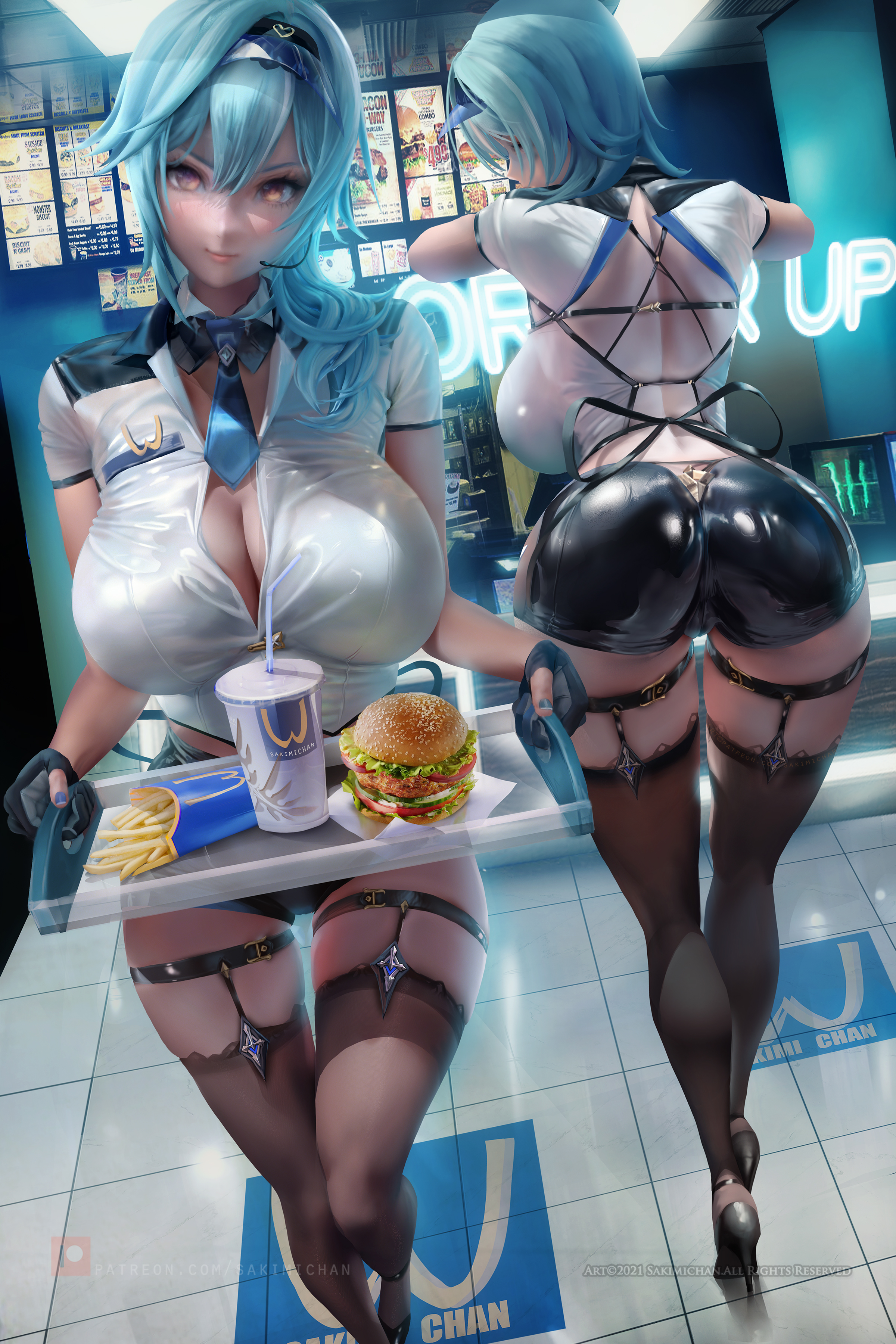 ass, breasts, eula (genshin impact), fast food, female, genshin impact, huge breasts, sakimichan, thick thighs