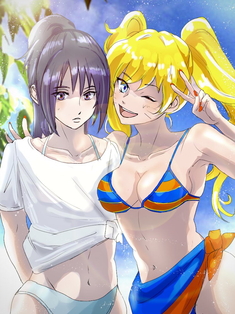 2girls, armpits, artist request, big breasts, bikini, bikini bottom, bikini top, black eyes, blonde hair, blue eyes, blue hair, blush, boruto: naruto next generations, breasts, cleavage, clothed, clothed female, clothes, clothing, crop top, female, female focus, female only, fully clothed, gender transformation, genderswap, genderswap (mtf), hourglass figure, large breasts, light skin, light-skinned female, long fingernails, long hair, long nails, nail polish, naruko, naruto, naruto (series), naruto shippuden, one eye closed, open mouth, orange nail polish, orange nails, painted nails, pale skin, pale-skinned female, peace sign, perky breasts, pinup, ponytail, pose, posing, rule 63, sasuke uchiha, sasuko, sexy no jutsu, shounen jump, skirt, smile, smiling, standing, striped bikini, swimsuit, tied hair, transformation, twintails, uzumaki naruto, v, voluptuous, whisker markings, whiskers, wide hips, wink