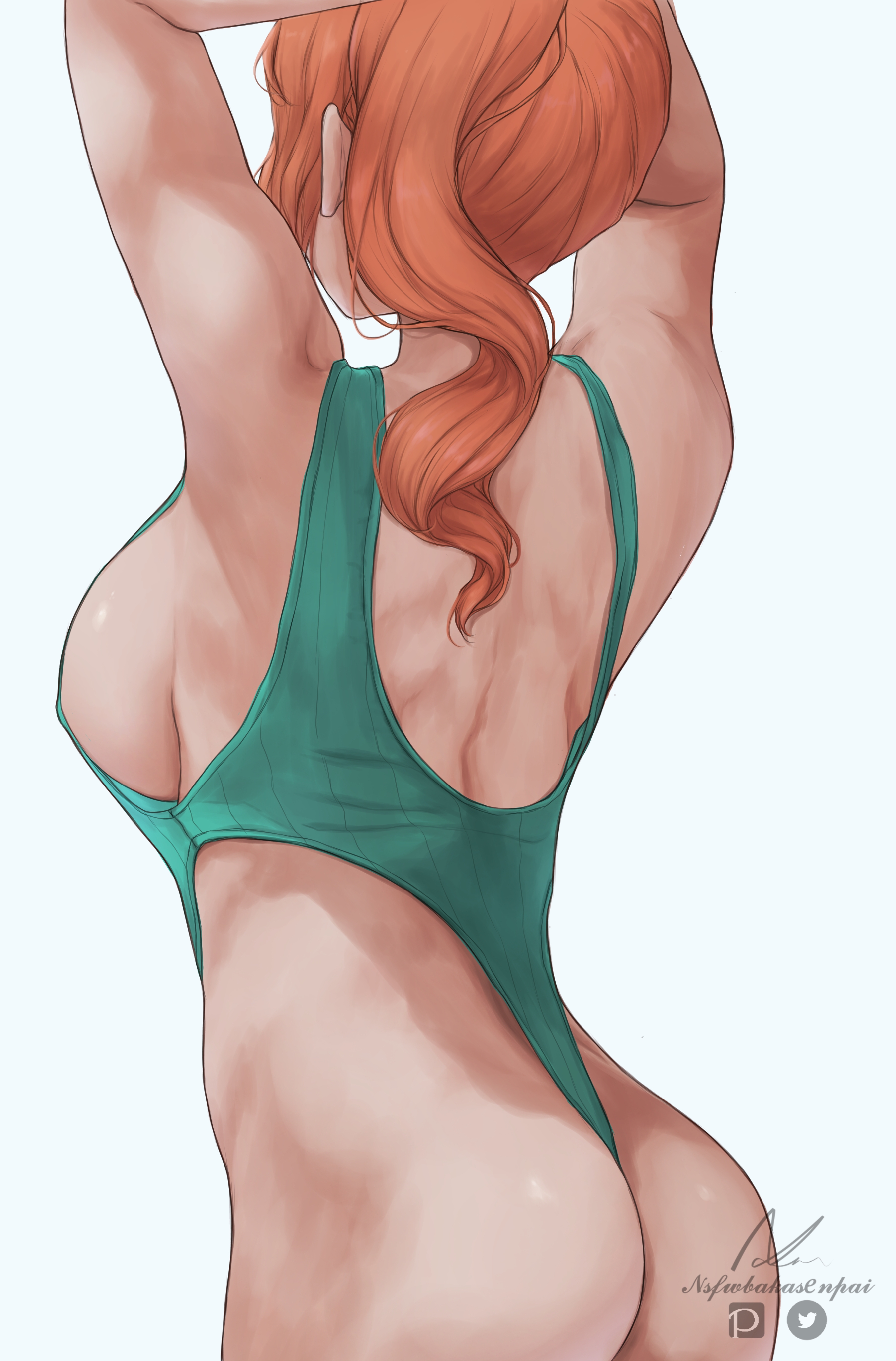 1girls, alternate breast size, ass, back view, big breasts, breasts, female, game freak, large breasts, leotard, long hair, nintendo, nsfwbakasenpai, orange hair, pokemon, pokemon ss, side ponytail, solo, sonia (pokemon), standing