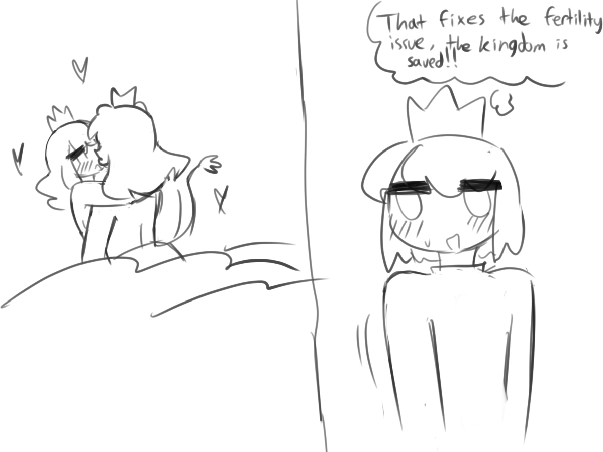 1girls, 2021, 2boys, after sex cuddling, being watched, blush, bottom heavy, breasts, child bearing hips, crown, cuck, cuckold, curvy, curvy female, dingbubs, female, heart, hiding, kissing, leo (dingbubs), male, male/female, megadingus, naked, naked female, naked male, ntr, outside, outside sex, princess, royalty, short hair, sketch, small breasts, text, thought bubble, watching, wide hips