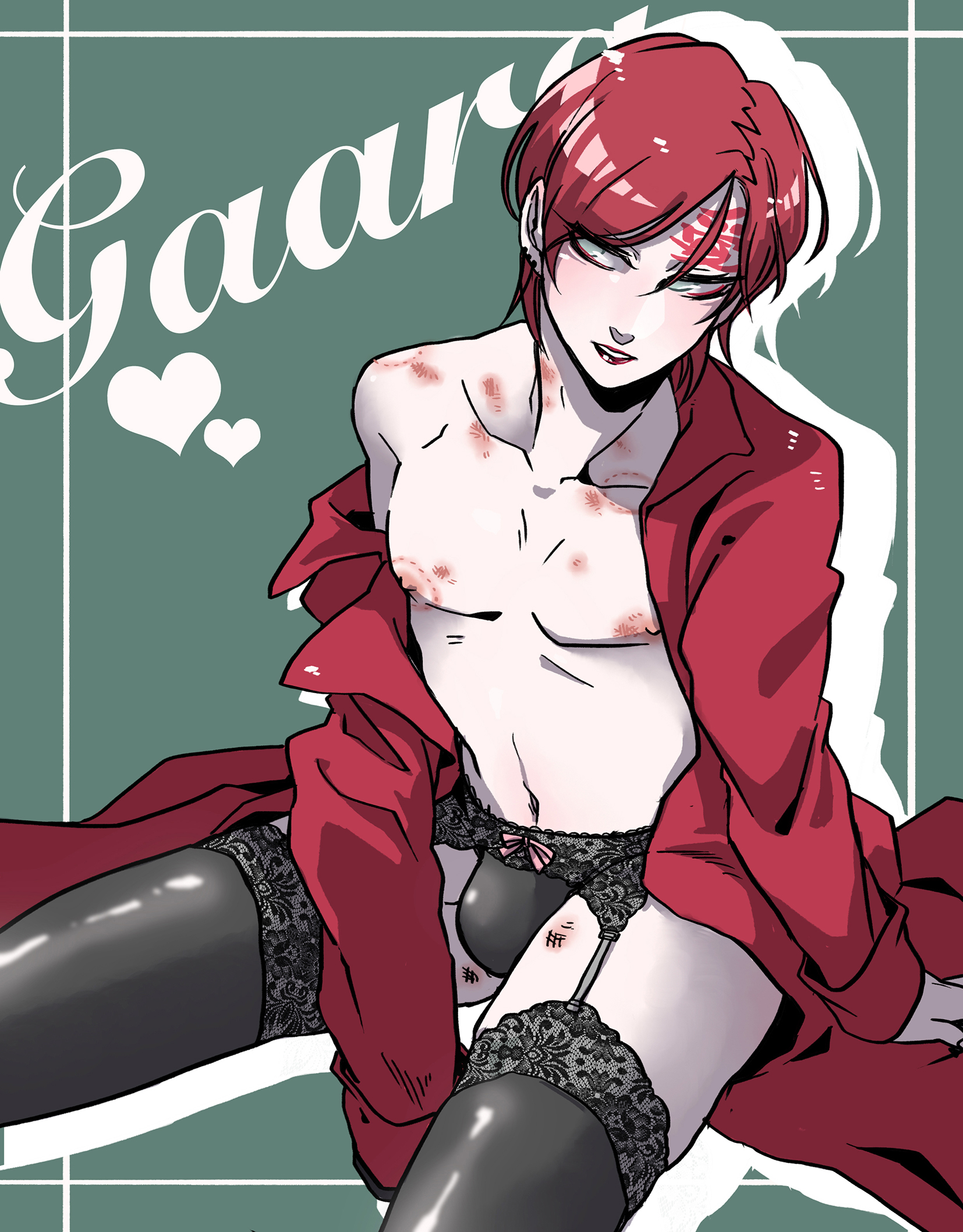 1boy, bare shoulders, black legwear, black panties, boruto: naruto next generations, bulge, clothed, clothing, crossdressing, ear piercing, earrings, english text, erect nipples, eyeliner, face tattoo, femboy, femboy dilf, gaara, hickey, hikanon, legwear, light skin, light-skinned male, lingerie, lipstick, makeup, male, male only, naruto, naruto (series), naruto shippuden, naruto: the last, nipples, open clothes, pale skin, pale-skinned male, panties, partially clothed, pink nipples, pinup, red hair, red lips, red lipstick, scars, short hair, shoulder length hair, shounen jump, sissy, sitting, solo, solo focus, solo male, stockings, tattoo, text, thighhighs, thighs, twink, voluptuous