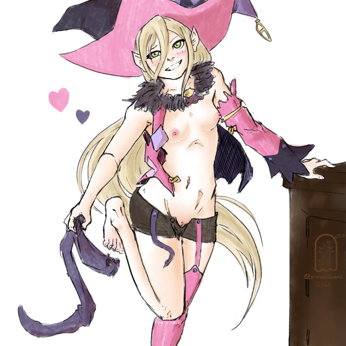 1girls areolae ass barefoot blonde_hair blush breasts detached_sleeves feet garter_straps green_eyes grin hair_between_eyes hat lemonade_ghost long_hair looking_at_viewer magilou_(tales) nipples pointy_ears pussy shaved_pussy small_breasts smile solo stockings stripping tales_of_(series) tales_of_berseria toes very_long_hair video_games witch_hat