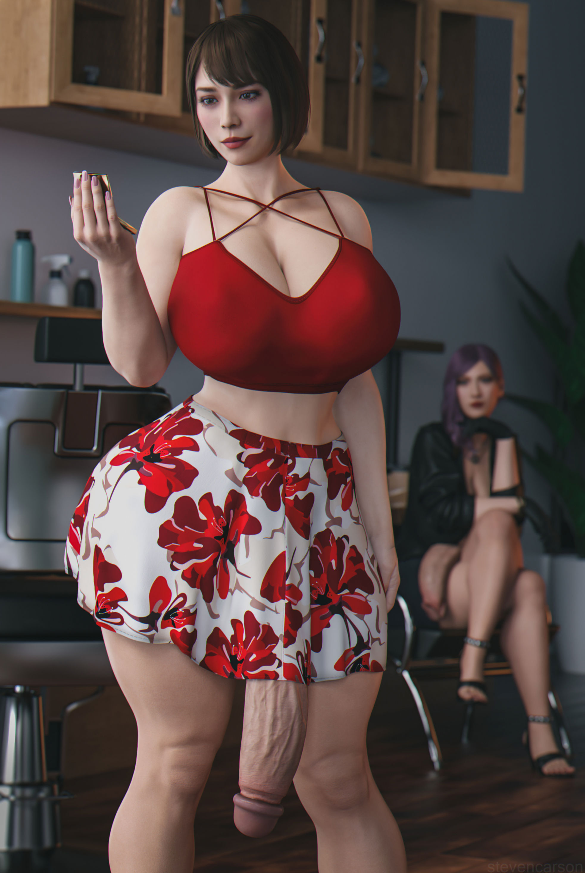2futas, 3d, areolae, asian, big breasts, big penis, bob cut, breasts, casual exposure, casual nudity, cleavage, daz studio, daz3d, duo, erection, flaccid, futa only, futa with futa, futanari, huge breasts, huge cock, human, ineffective clothing, intersex, light skin, light-skinned futa, penis, ryuu ga gotoku, saeko mukouda, seong-hui, sitting, solo focus, standing, stevencarson, thick thighs, thunder thighs, wide hips