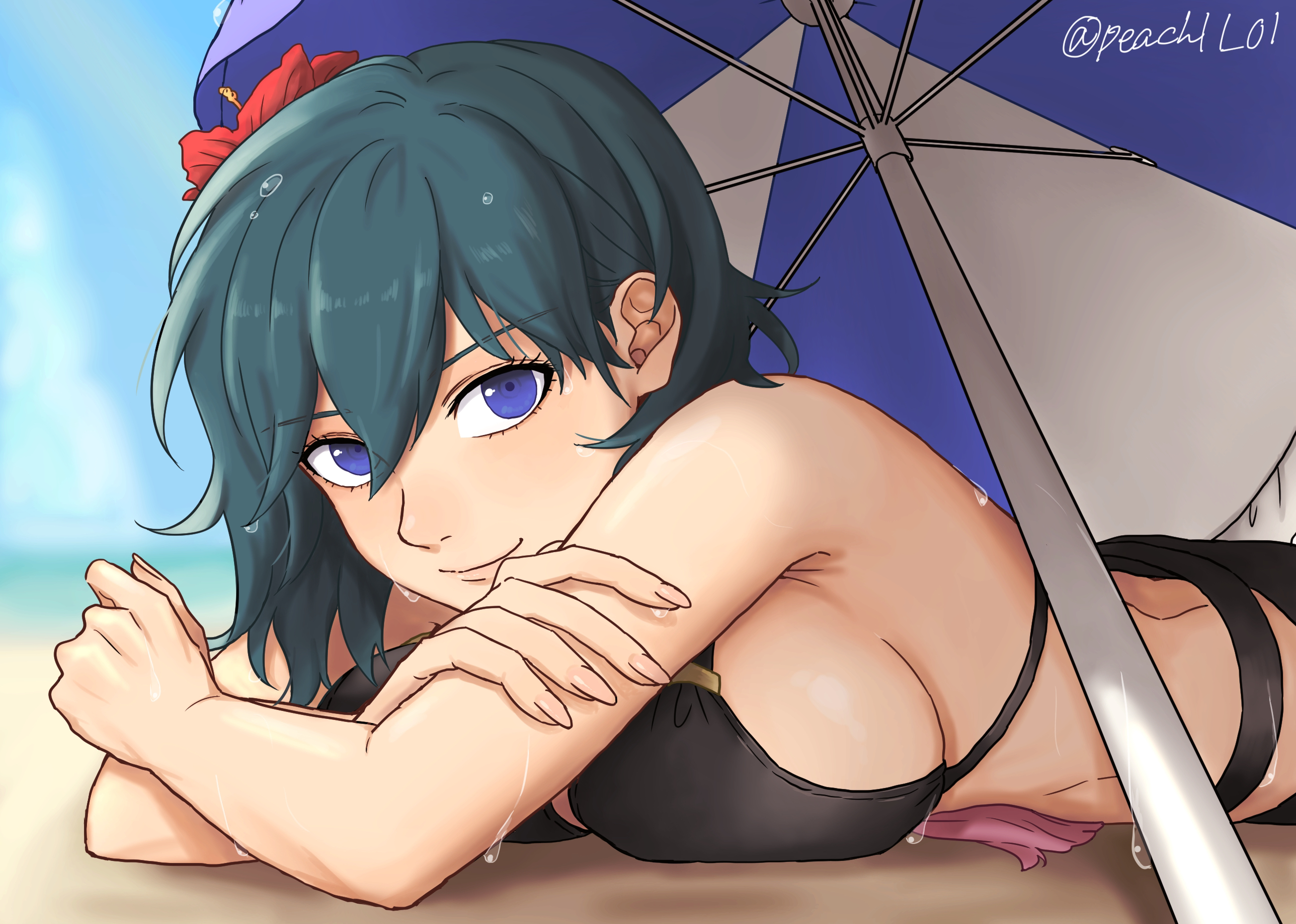 1girls, alternate costume, beach, beach umbrella, bikini, black bikini, black swimsuit, blue eyes, blue hair, breasts, byleth (fire emblem), byleth (fire emblem) (female), closed mouth, commentary, crossed arms, day, female, fire emblem, fire emblem heroes, fire emblem: three houses, flower, hair flower, hair ornament, hibiscus, highres, large breasts, looking at viewer, lying, nintendo, official alternate costume, on stomach, outdoors, peach11 01, short hair, siamese, sideboob, smile, solo, string bikini, swimsuit, teal hair, the pose, twitter username, umbrella, upper body, wet
