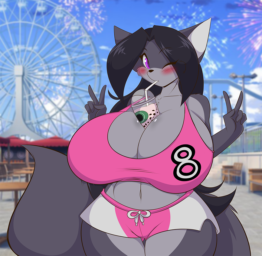 1girls 2019 anthro between_breasts black_hair blush breasts breasts_bigger_than_head bubble_tea bubble_tea_challenge canine cleavage double_v female female_only furry grey_fur huge_breasts looking_at_viewer mastergodai original original_character purple_eyes shazetta shorts solo tail thick_thighs v voluptuous wide_hips wink