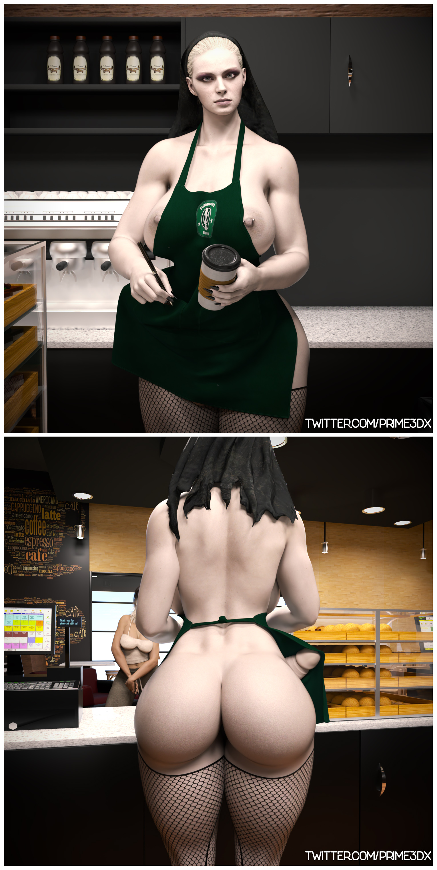 1futa, 1girls, 3d, apron, apron only, areolae, ass, big ass, big penis, breasts, busty, capcom, comic, edit, erection, female, futanari, hourglass figure, huge breasts, intersex, meme, mother miranda (resident evil), nipple piercing, nipples, pale skin, pale-skinned futa, penis, piercing, prime3dx, resident evil, resident evil 8: village, tagme