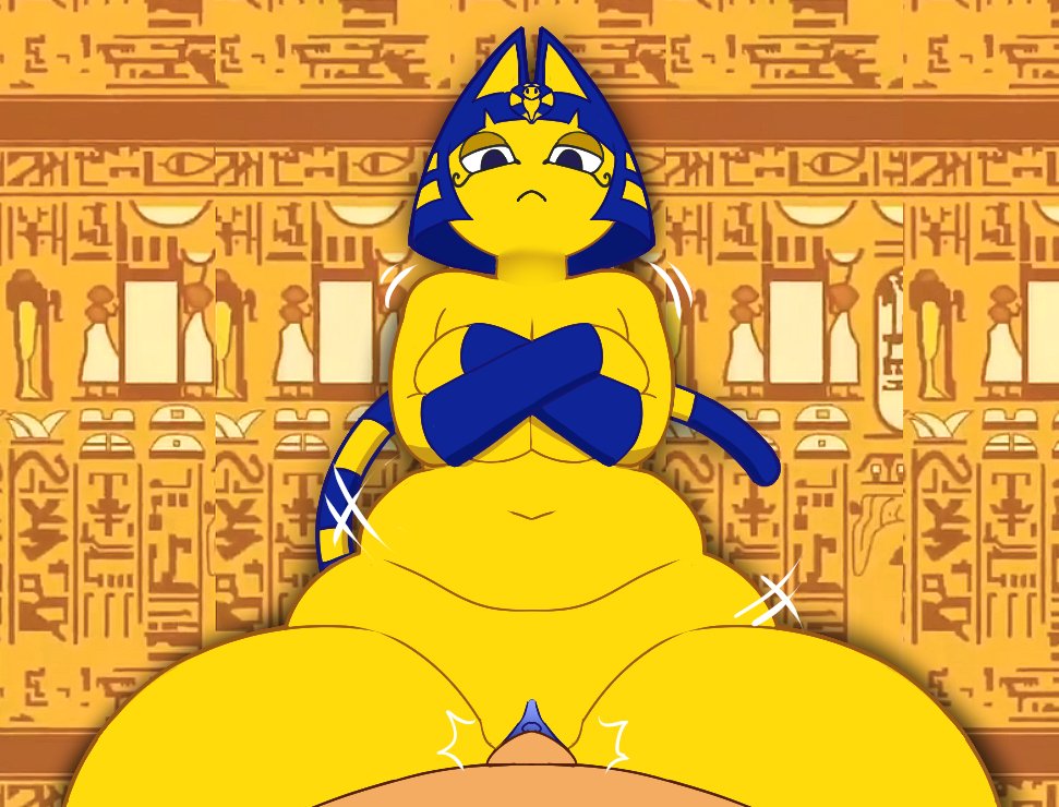 animal crossing, ankha, ankha ride (minus8), anthro, belly, chubby, chubby female, cowgirl position, crossed arms, domestic cat, egyptian, felid, feline, felis, female, first person view, from front position, genitals, human, lazorchef, looking at viewer, male, male/female, mammal, motion lines, navel, nintendo, on bottom, on top, overweight, overweight anthro, overweight female, penetration, penis, pussy, sex, thick thighs, vaginal penetration, video games, wide hips