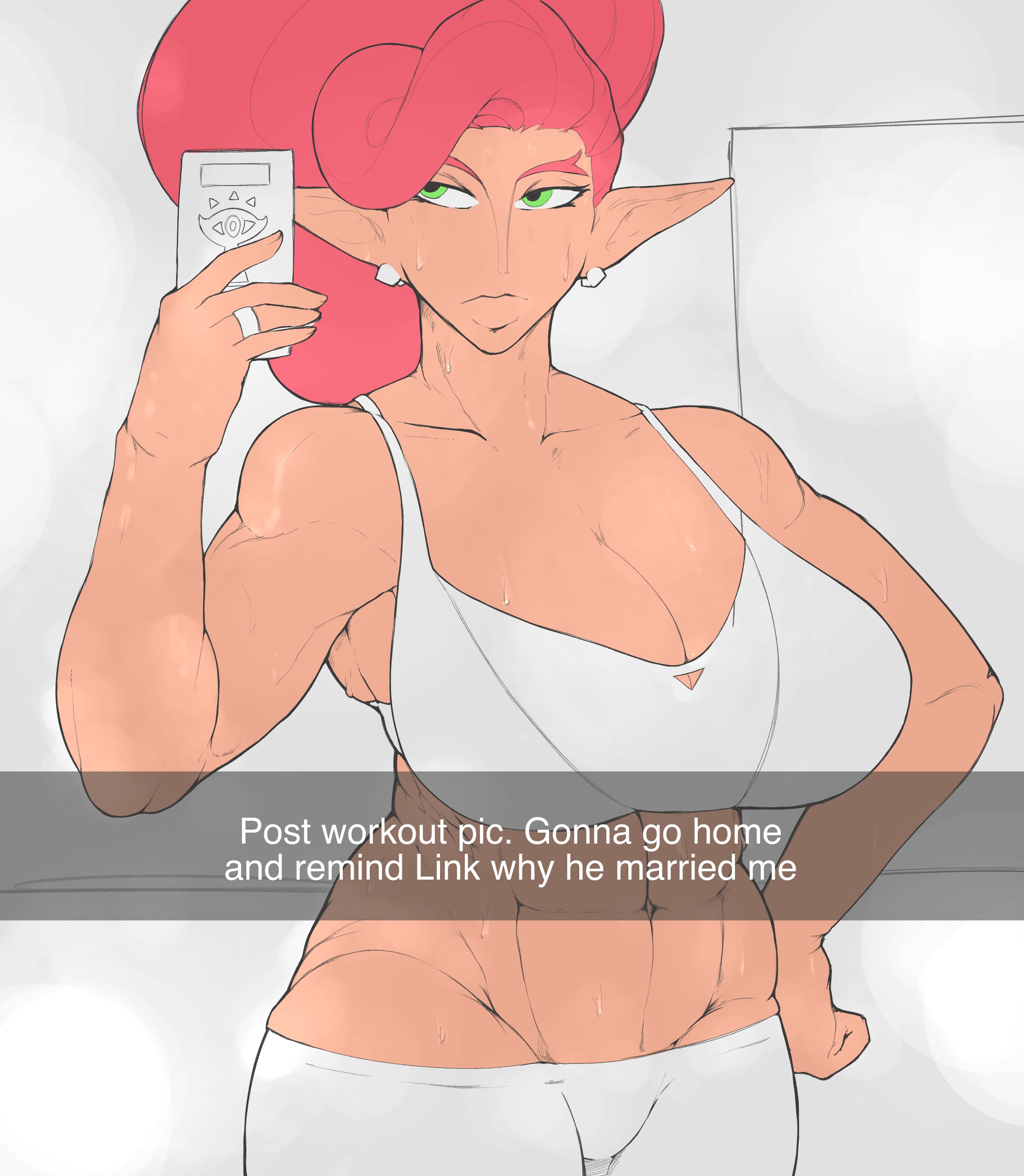 abs, ass, biceps, big ass, breasts, breath of the wild, dark skin, dark-skinned female, earrings, english text, female, gerudo, green eyes, huge breasts, large breasts, muscular, muscular female, name drop, nintendo, pointy ears, posing, red hair, selfie, smoxul, the legend of zelda, urbosa, voluptuous, wedding ring, wide hips