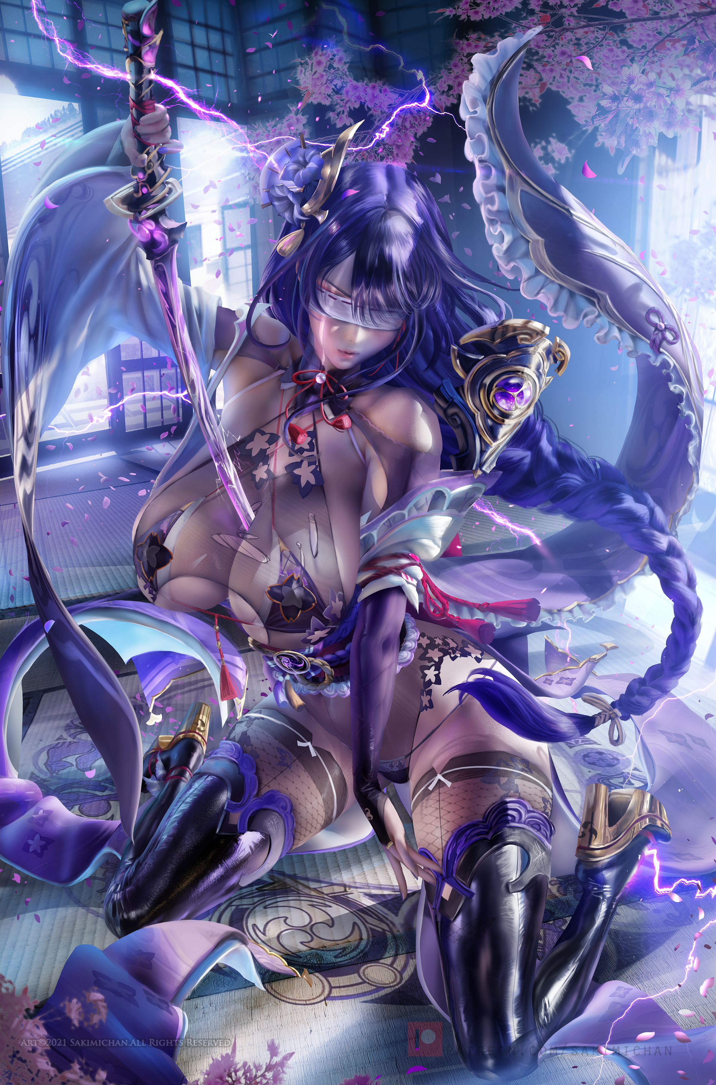 breasts, female, genshin impact, large breasts, raiden shogun, sakimichan, sword, thick thighs, thighs