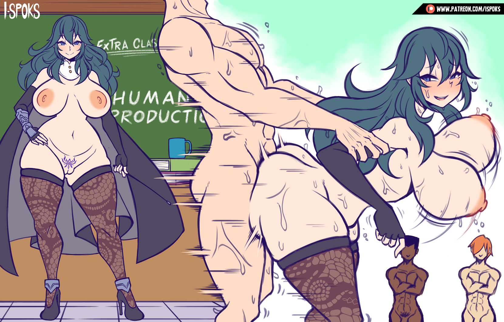 1girls, 2koma, 3boys, ass, bent over, big breasts, blush, bouncing breasts, breasts, byleth (fire emblem), byleth (fire emblem) (female), cape, chalkboard, classroom, crest (fe3h), desk, elbow gloves, female, fingerless gloves, fire emblem, fire emblem: three houses, from behind, gloves, heels, holding arm, holding arms, ilustretsspoks, lace, large ass, large breasts, leggings, legwear, line, long hair, male, mostly nude, mug, nintendo, nipples, penetration, pounding, pubic tattoo, pussy, sex, straight, sweat, sweatdrop, sweaty, tattoo, teacher, teacher and student, thick thighs, thighs, wide hips