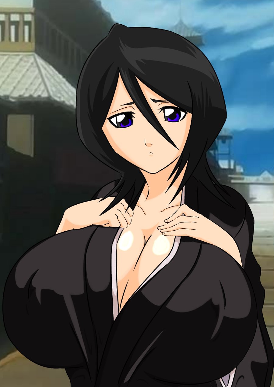 alternate breast size, big breasts, black hair, bleach, breast expansion, breast growth, breast growth (enlargement), breast squish, breasts, cleavage, cute-rukia, erect nipples, erect nipples under clothes, female, female only, hands on breasts, huge breasts, kuchiki rukia, nipples, purple hair, robe, shounen jump, solo, solo female