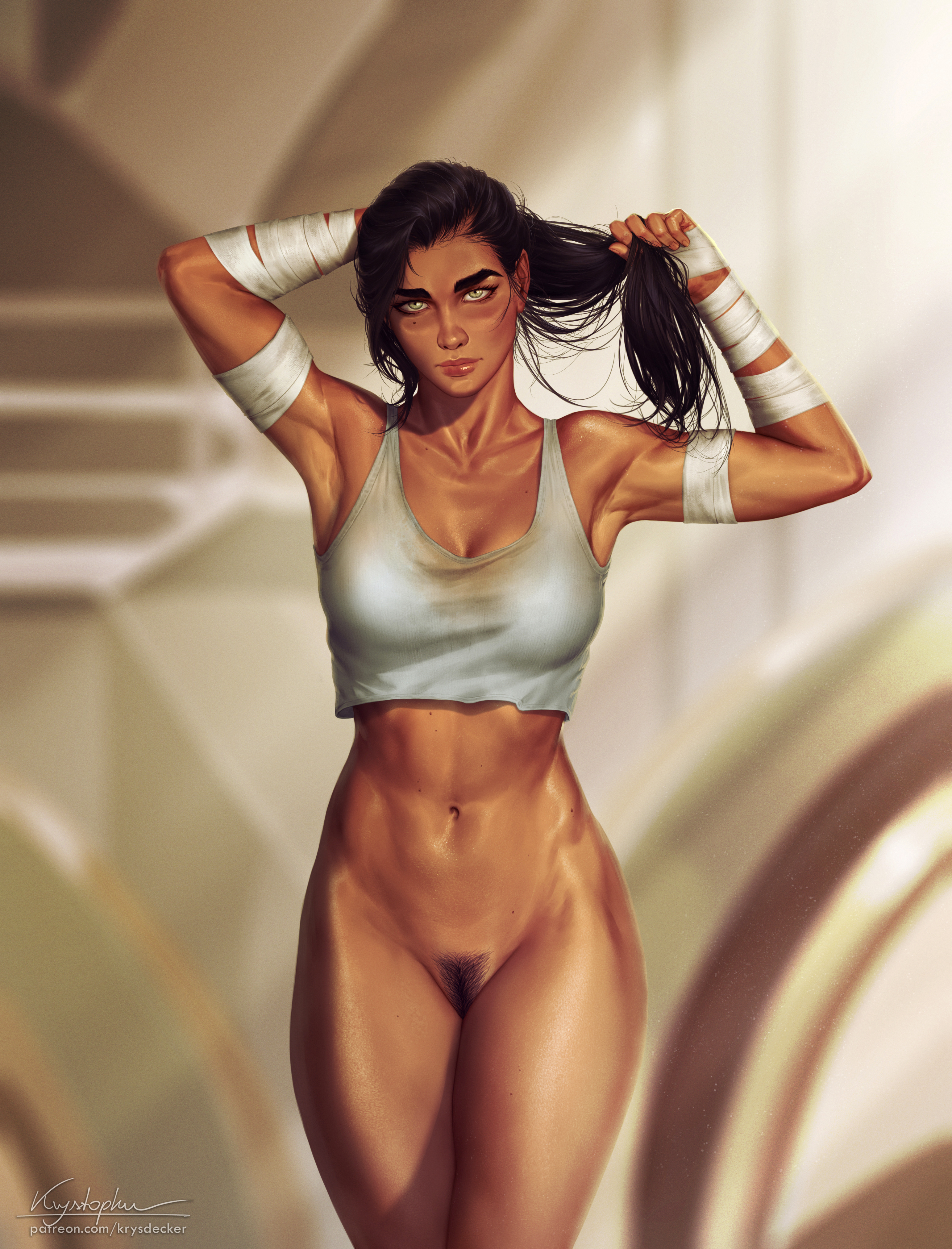 1girls, armwear, avatar the last airbender, black hair, bottomless, breasts, casual, clothing, dark skin, earth kingdom, female, handwear, holding hair, human, krysdecker, kuvira, mole, mole under eye, nickelodeon, pubic hair, pussy, small breasts, smooth skin, the legend of korra, wristwear