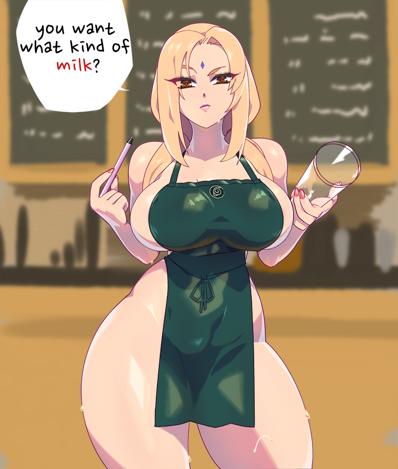 1girls apron blonde_hair blue_triangles breasts cleavage clothed_female cup female female_only holding_object huge_breasts iced_latte_with_breast_milk large_areolae large_breasts long_hair mature mature_female meme nail_polish naked_apron naruto naruto_(series) naruto_shippuden pen smile solo solo_focus speech_bubble talking text tsunade waitress wide_hips