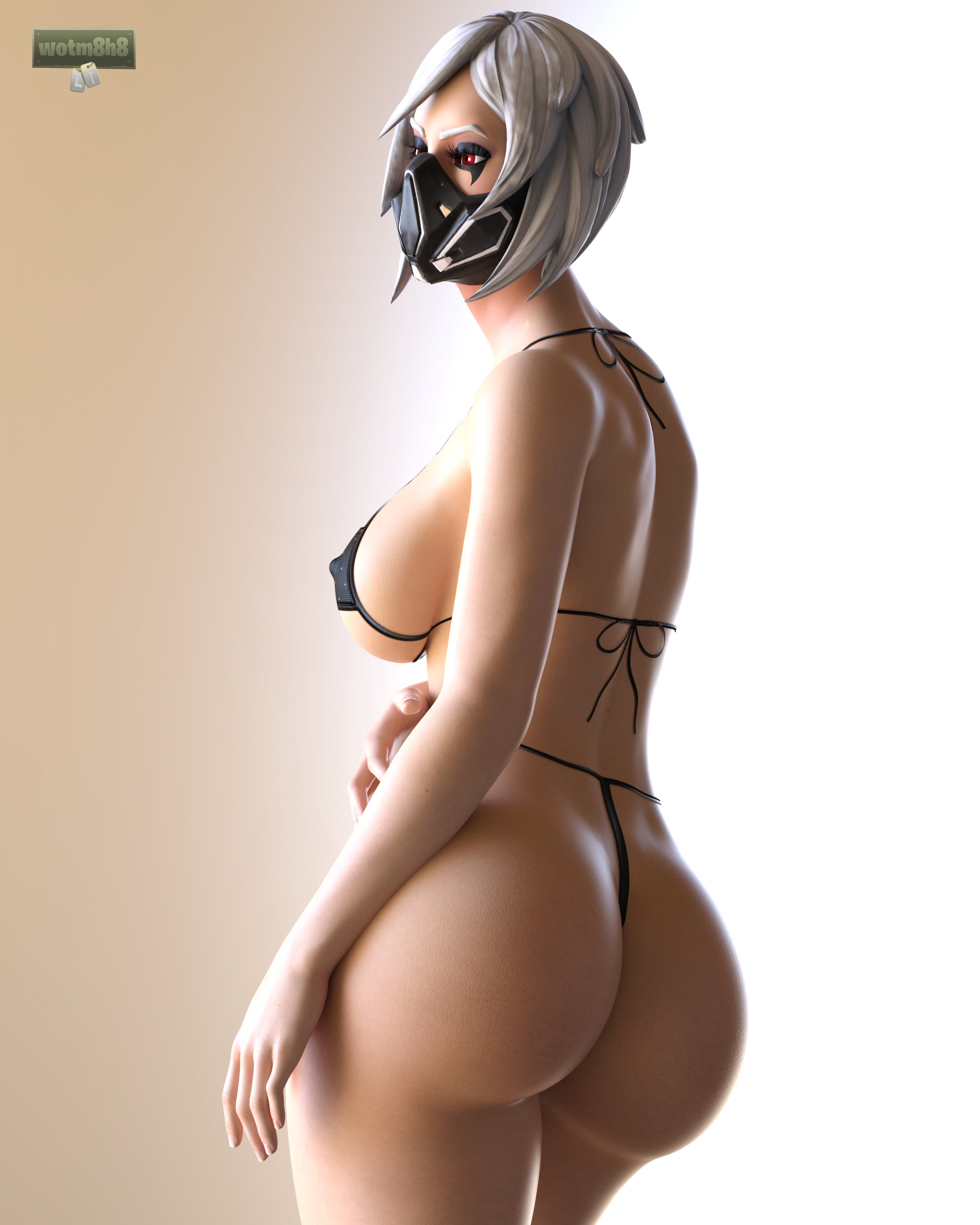1girls, 3d, ass, big ass, bikini, black bikini, black mask, breasts, eyelashes, eyeshadow, female, fortnite, fortnite: battle royale, human, hush (fortnite), light skin, light-skinned female, looking away, mask, red eyes, side view, sideboob, solo, tagme, thick thighs, thighs, underboob, white eyebrows, white hair, wotm8h8