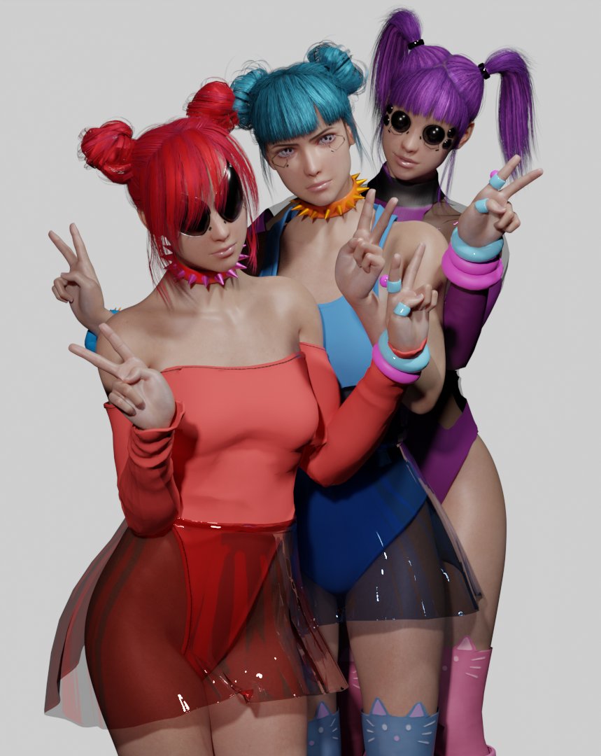 3d 3girls blender blue_hair blue_moon_(cyberpunk_2077) catcherrye cd_projekt_red cyberpunk_2077 double_bun female female_only light-skinned_female looking_at_viewer multiple_girls partially_clothed pinup purple_force_(cyberpunk_2077) purple_hair red_hair red_menace_(cyberpunk_2077) sunglasses tinted_eyewear