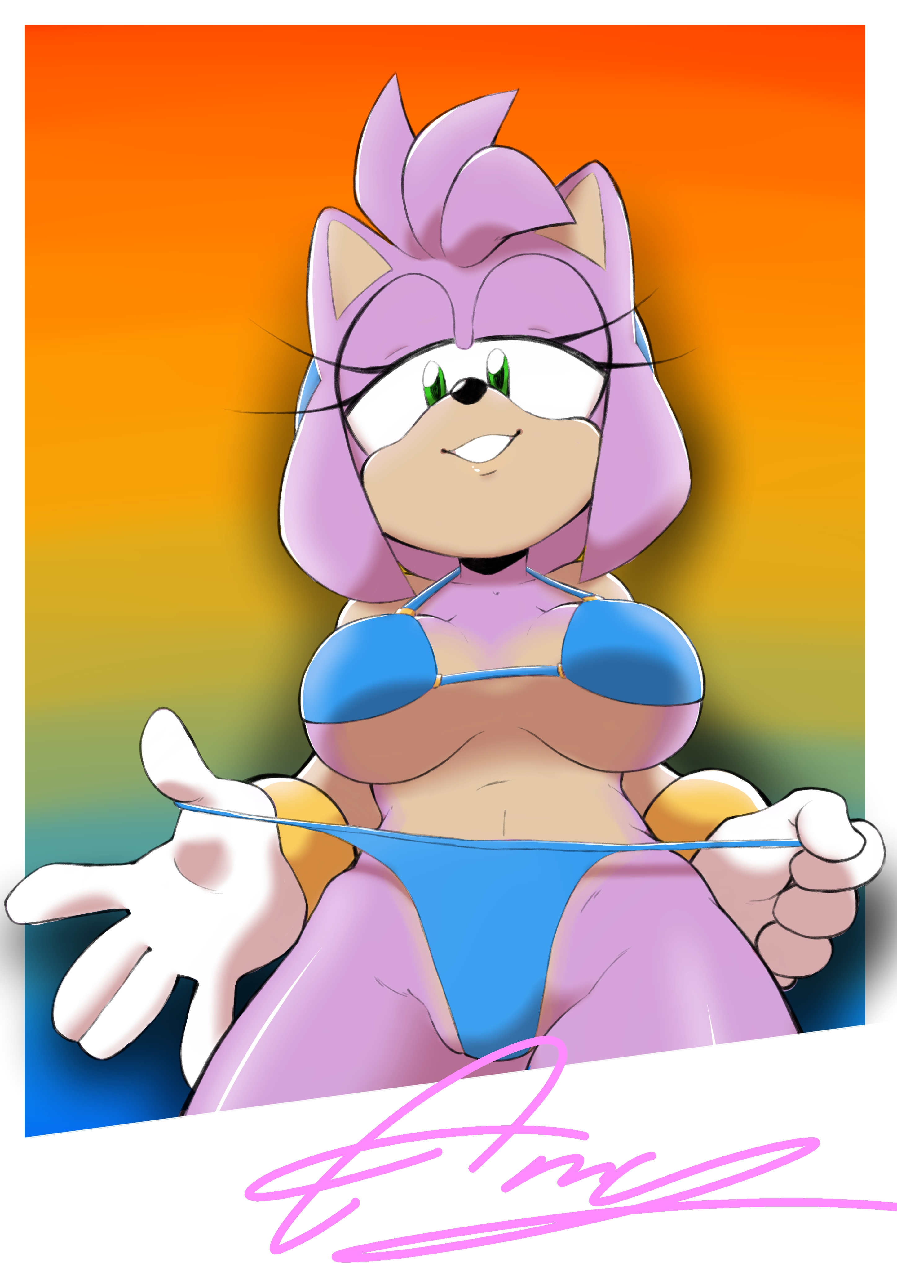 1girls, amy rose, anthro, bikini, blue bikini, blue hairband, breasts, curvy, female, female only, fullmetalsketch, gloves, gradient background, green eyes, hairband, half-closed eyes, light skin, looking at viewer, low-angle view, name drop, pink fur, pink hair, sega, solo, sonic (series), sonic the hedgehog (series), thick, thick hips, thick thighs, thighs, white gloves, wide hips