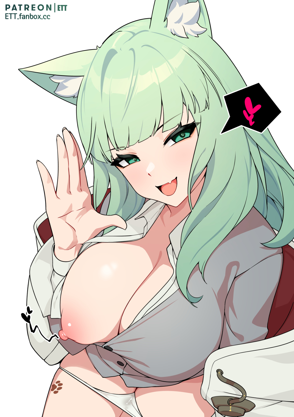 :d, animal ear fluff, animal ears, arknights, bangs, big breasts, blunt bangs, breasts, cat ears, cat girl, commentary request, cute, cute fang, ett, eyebrows visible through hair, female, green eyes, green hair, harmonie (arknights), highres, huge breasts, korean commentary, large breasts, long hair, looking at viewer, naughty face, nipples, oerba yun fang, one breast out, open mouth, panties, patreon username, seductive, seductive smile, shirt, simple background, skin fang, smile, solo, thighs, underwear, white background, white panties, white shirt