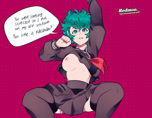 artist name, breasts, dialogue, dripping pussy, female, female deku, freckles, green eyes, green hair, izuku midoriya, lifted shirt, looking at viewer, lying on back, my hero academia, one breast out, pussy, redmoe, rule 63, school uniform, skirt, smile, speech bubble, stockings