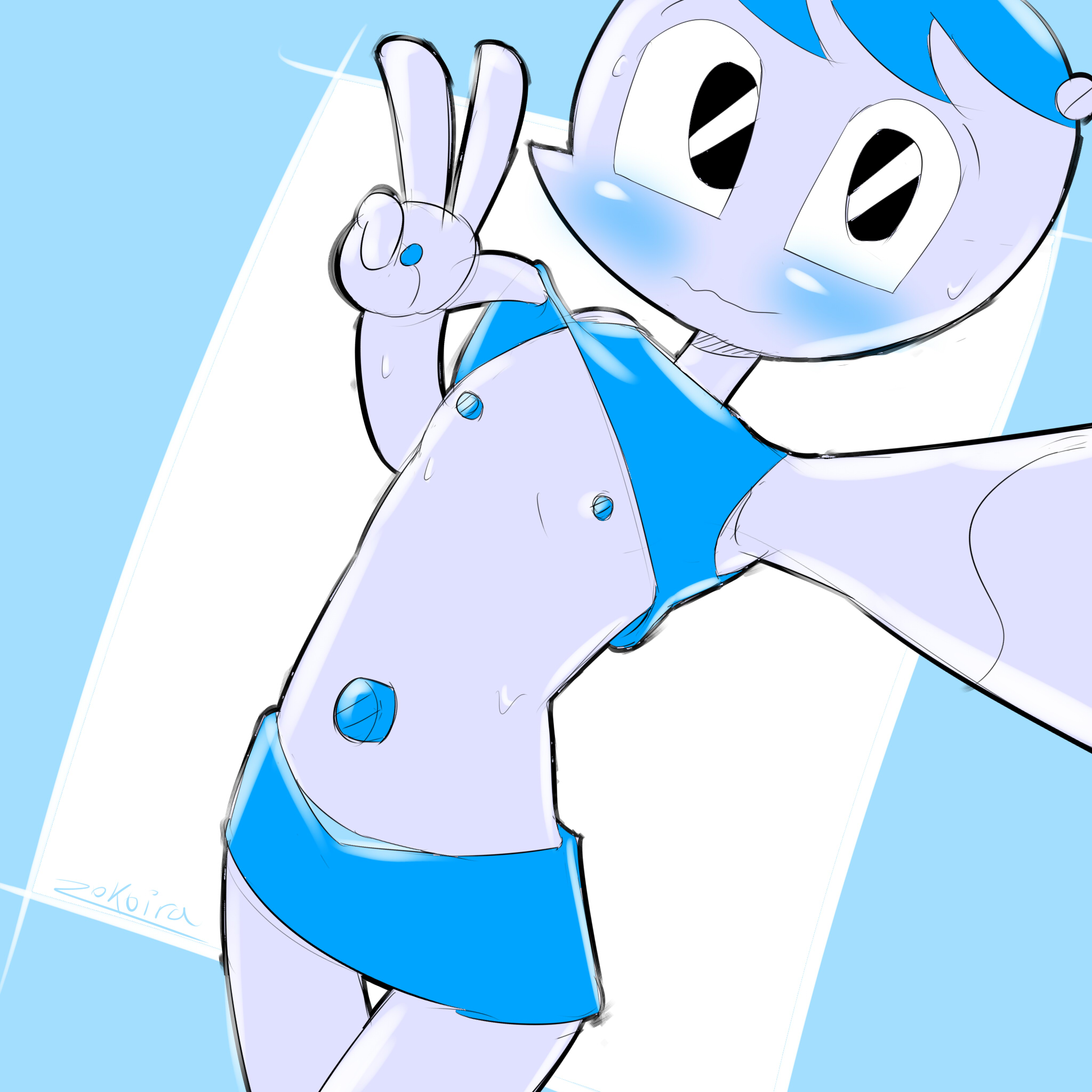 1girls, black eyes, blue nipples, blue skirt, blush, blushing, boobs, breasts, female, female only, flat chest, flat chested, jenny wakeman, machine, my life as a teenage robot, nickelodeon, nipples, robot, robot girl, screw nipples, skirt, small breasts, small nipples, smooth skin, solo, solo female, tits, white body, xj-9, zokoira