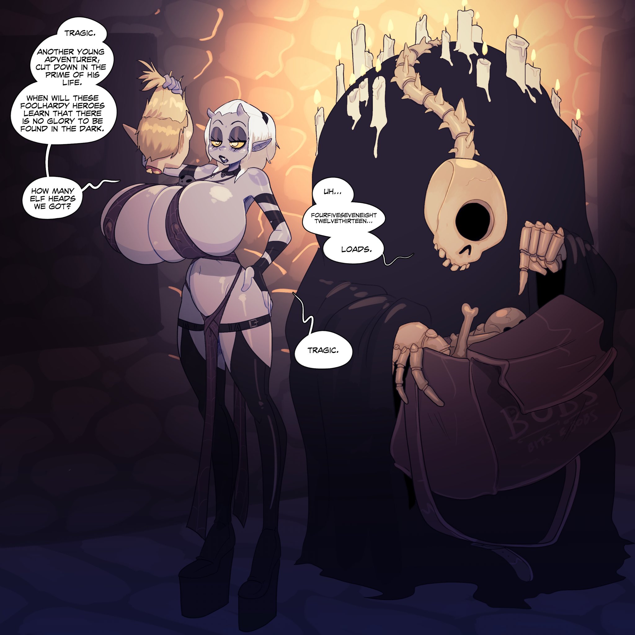 1girls, big breasts, breasts, cleavage, dark elf, death, disembodied head, drow, dungeons and dragons, elf, female, gigantic breasts, huge breasts, hyper breasts, jack cayless, rapscallion, solo focus, speech bubble, text, thick thighs, thighhighs, top heavy, wide hips