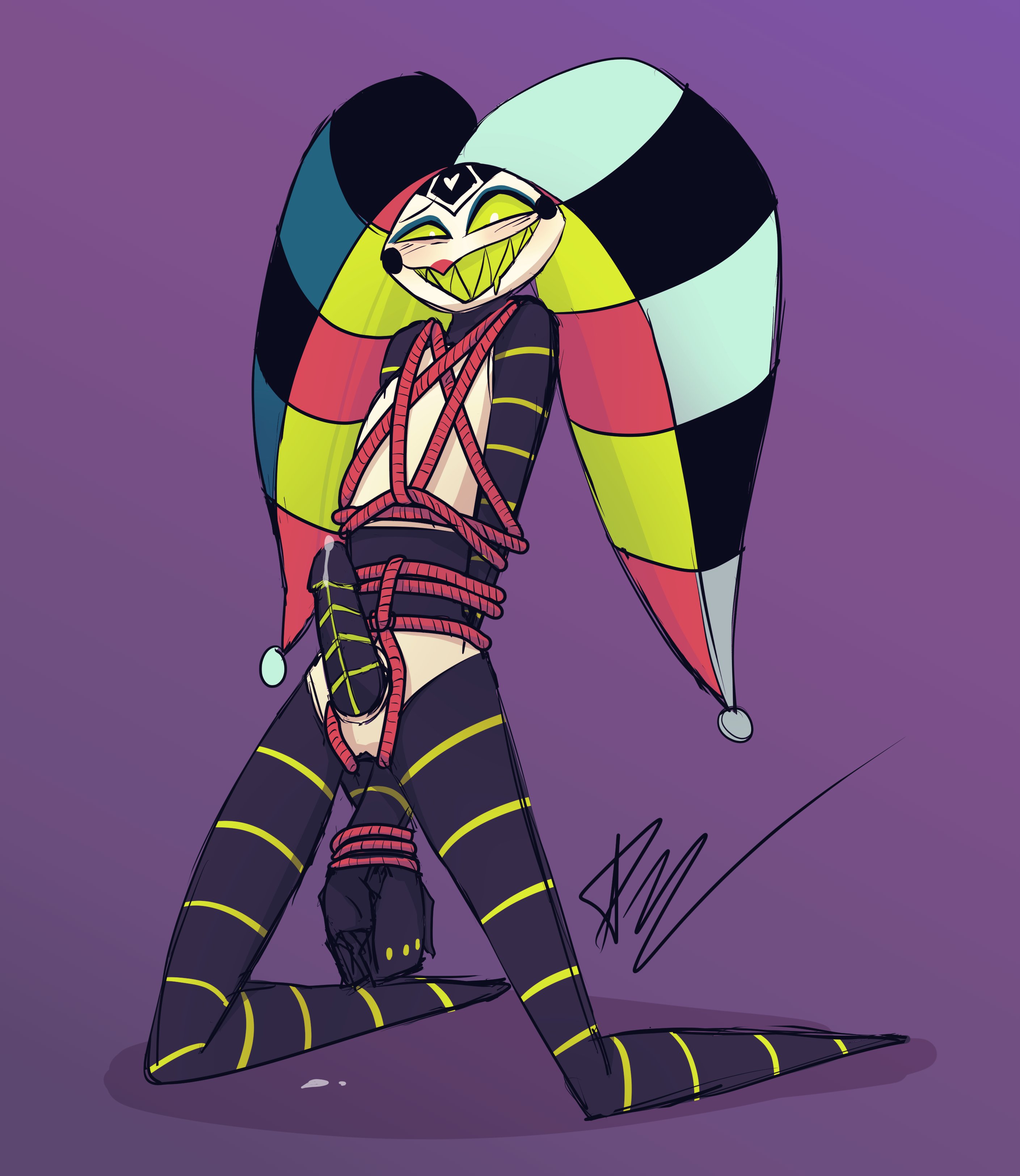 1boy, anthro, anthro only, anthrofied, big penis, black body, black legs, black skin, blush, blushing, blushing at viewer, bondage, clown, cum in penis, cum leaking, cum on floor, cum on penis, erect penis, erection, fizzarolli (helluva boss), green body, green legs, green skin, half-closed eyes, heart, helluva boss, looking at viewer, looking pleasured, machine, male, male focus, male only, mammal, penis, precum, purple background, robot, robotic penis, rope, sharp teeth, signature, simple background, smile, smiling at viewer, smuttystarlight, solo, solo anthro, solo male, tied, tied arms, two-tone body, two-tone legs, two-tone skin, vivienne medrano, watermark, white body, white eyes, white skin, wide hips
