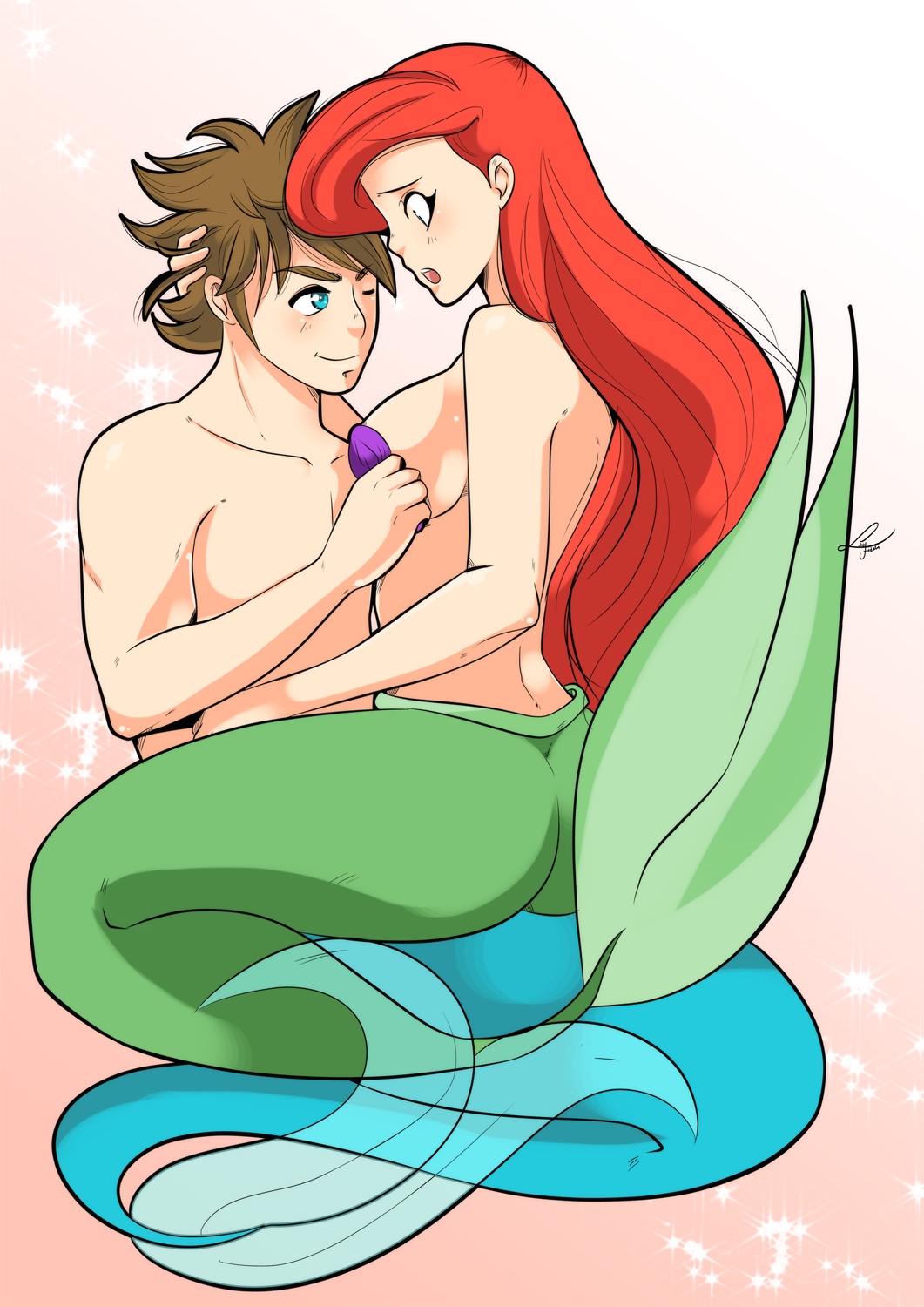 1boy 1girls ariel assisted_exposure assisted_undressing breasts brown_hair disney disney_princess embarrassed female kingdom_hearts lufidelis merfolk mermaid merman red_hair seashell_bra simple_background sitting_on_lap sora square_enix the_little_mermaid