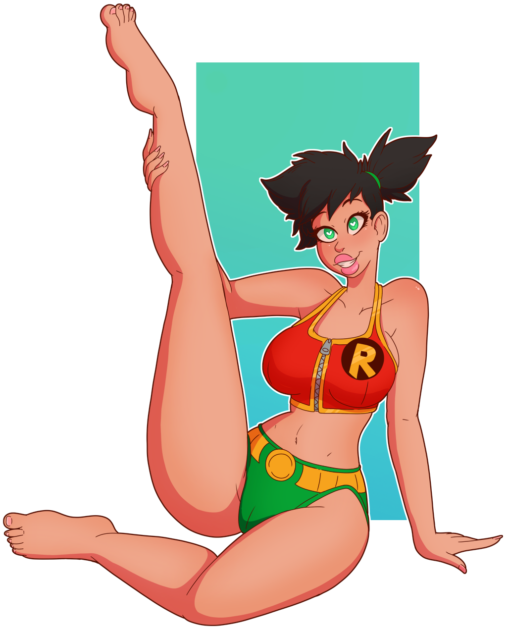 1girls, bimbo, breasts, dc, dc comics, dick grayson, female, genderswap, genderswap (mtf), green eyes, heart-shaped pupils, identity death, large breast, male, pussy, pussy graydaughter, robin (dc), robin (dick grayson), rule 63, smile, solo, solo female, solo focus, story at source, stretching, teenager, thick lips, wrenzephyr2