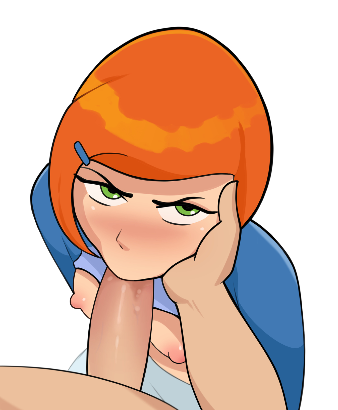 1boy, 1girls, angry, angry face, arms behind back, artist request, ben 10, blowjob, cartoon network, clothed sex, fellatio, female, gwen tennyson, hand on cheek, hand on face, male, male pov, no bra, oral, pov
