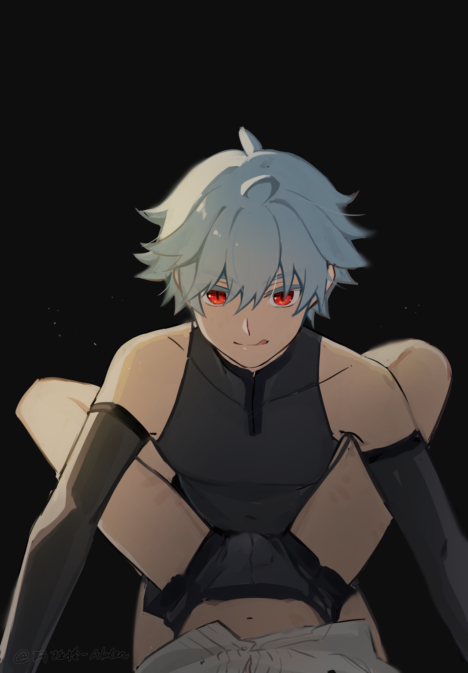 2boys, artist request, blue hair, boner, chongyun (genshin impact), femboy, gay, genshin impact, girly, male, male only, partially clothed, pinned down, pinned to bed, pov eye contact, red eyes, short shorts, thighs, tongue, tongue out, xingqiu (genshin impact), yaoi