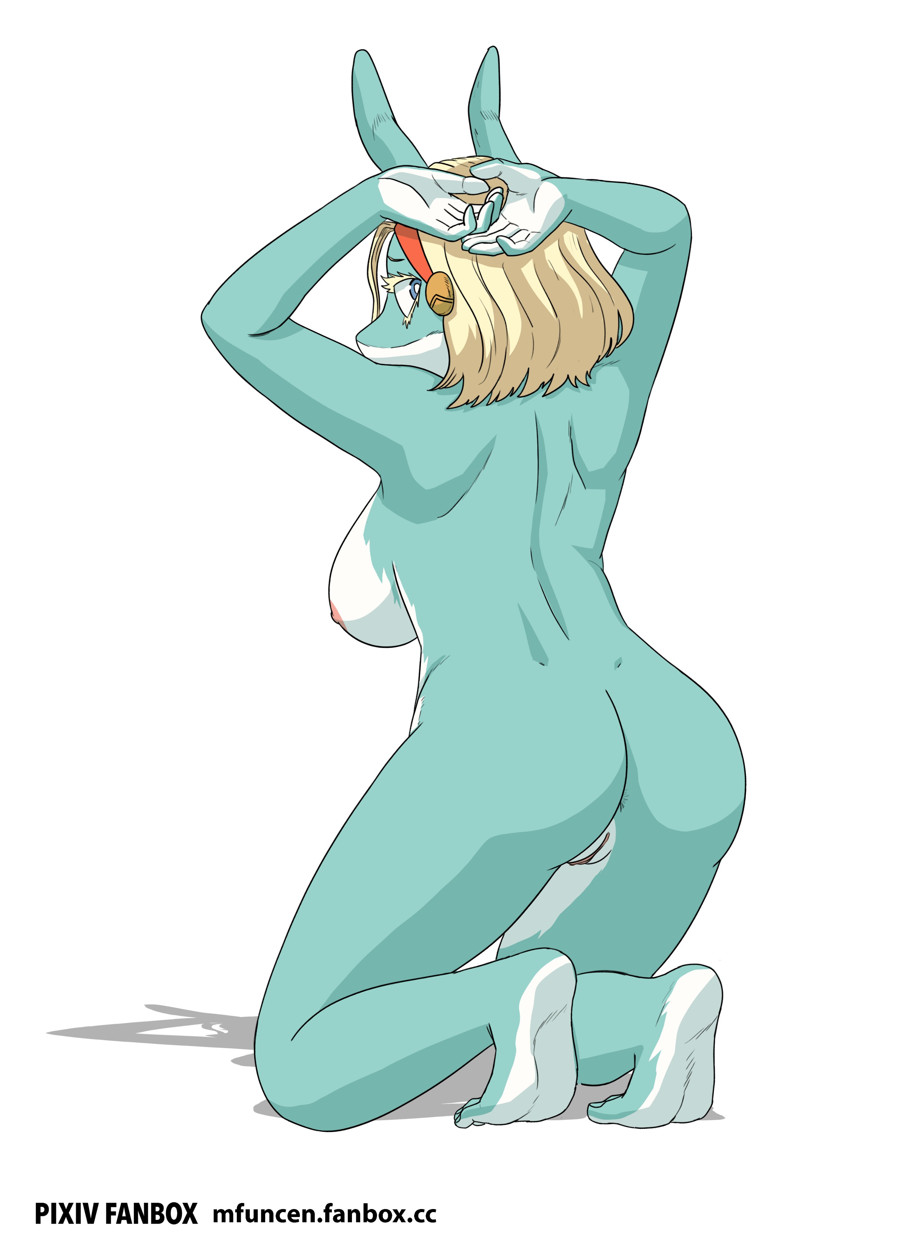 ass, back view, background character, blonde hair, blue fur, breasts, female, furry, furry ass, furry breasts, furry ears, furry only, ippan josei, looking back, mfuncen, mutant lady (my hero academia), my hero academia, pussy, sideboob, white fur