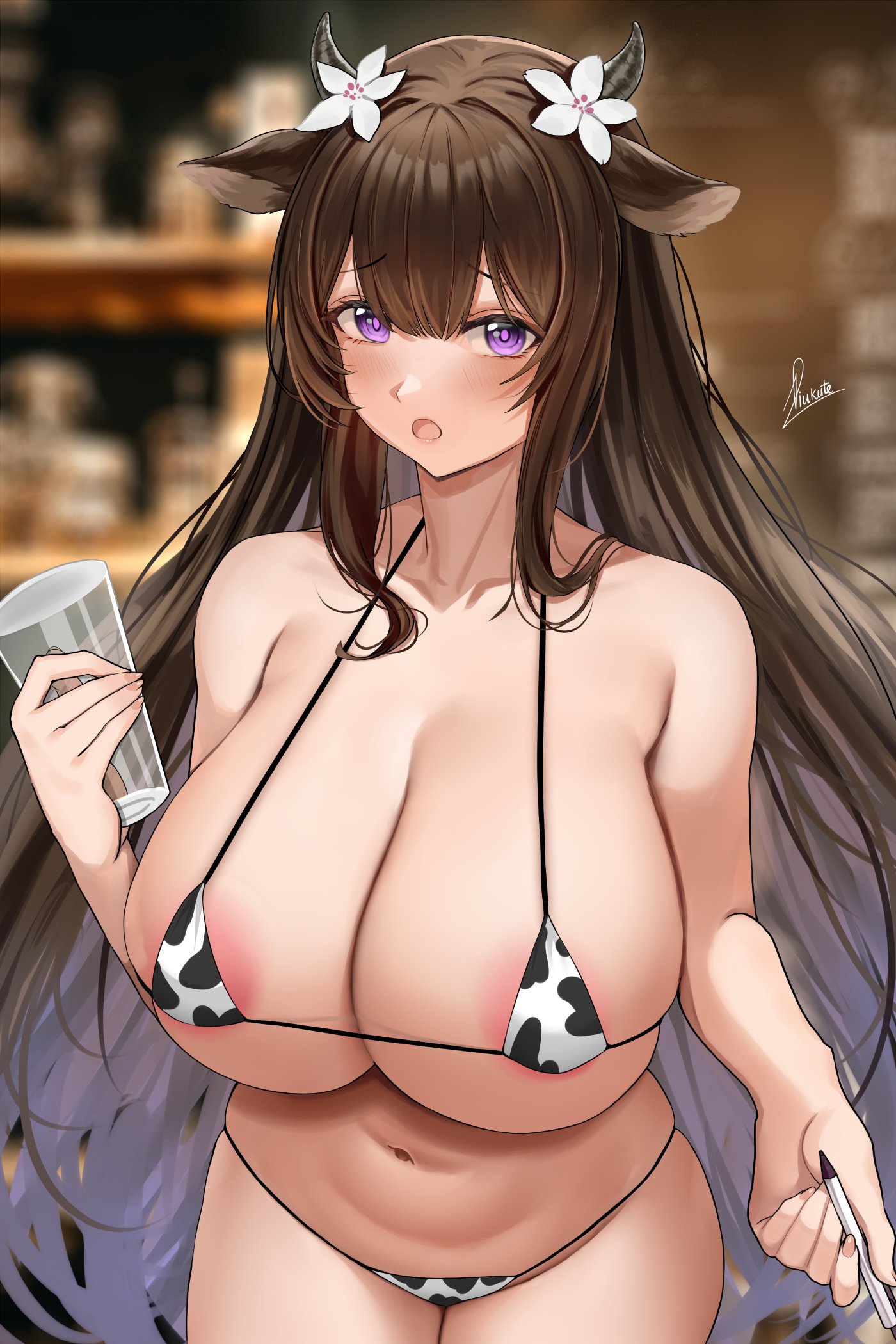 :o, 1girls, 2021, alternate costume, alternate version available, animal ears, areola slip, areolae, azur lane, bangs, bare arms, bare shoulders, bikini, blurry, blurry background, blush, breasts, brown hair, cleavage, collarbone, covered navel, cow ears, cow horns, cow print, cow print bikini, cowboy shot, cup, depth of field, drinking glass, eyebrows visible through hair, female, flower, hair flower, hair ornament, highres, holding, holding cup, holding pen, horns, huge breasts, iced latte with breast milk, indoors, kashino (azur lane), large areolae, long hair, looking at viewer, meme, micro bikini, open mouth, pen, piukute062, purple eyes, signature, solo, very long hair, white flower