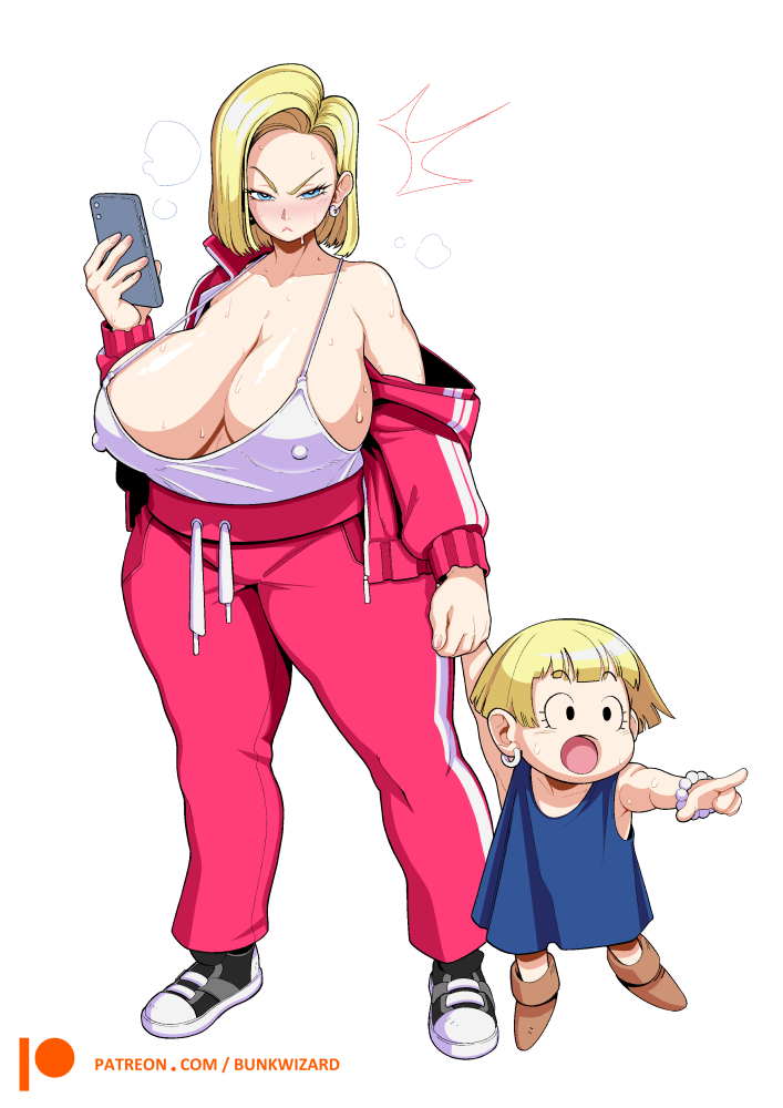 2girls android_18 annoyed blonde blonde_hair blue_eyes bunkwizard busty camisole child curvy dragon_ball dragon_ball_super dragon_ball_z earrings erect_nipples female_only full_body fully_clothed glare glaring holding_hands huge_breasts married_woman marron milf mother mother_and_daughter multiple_girls nipple_bulge off_shoulder phone sagging_breasts shoulder_length_hair smartphone sneakers sweat thick_thighs track_jacket track_pants track_suit venus_body voluptuous wide_hips wife