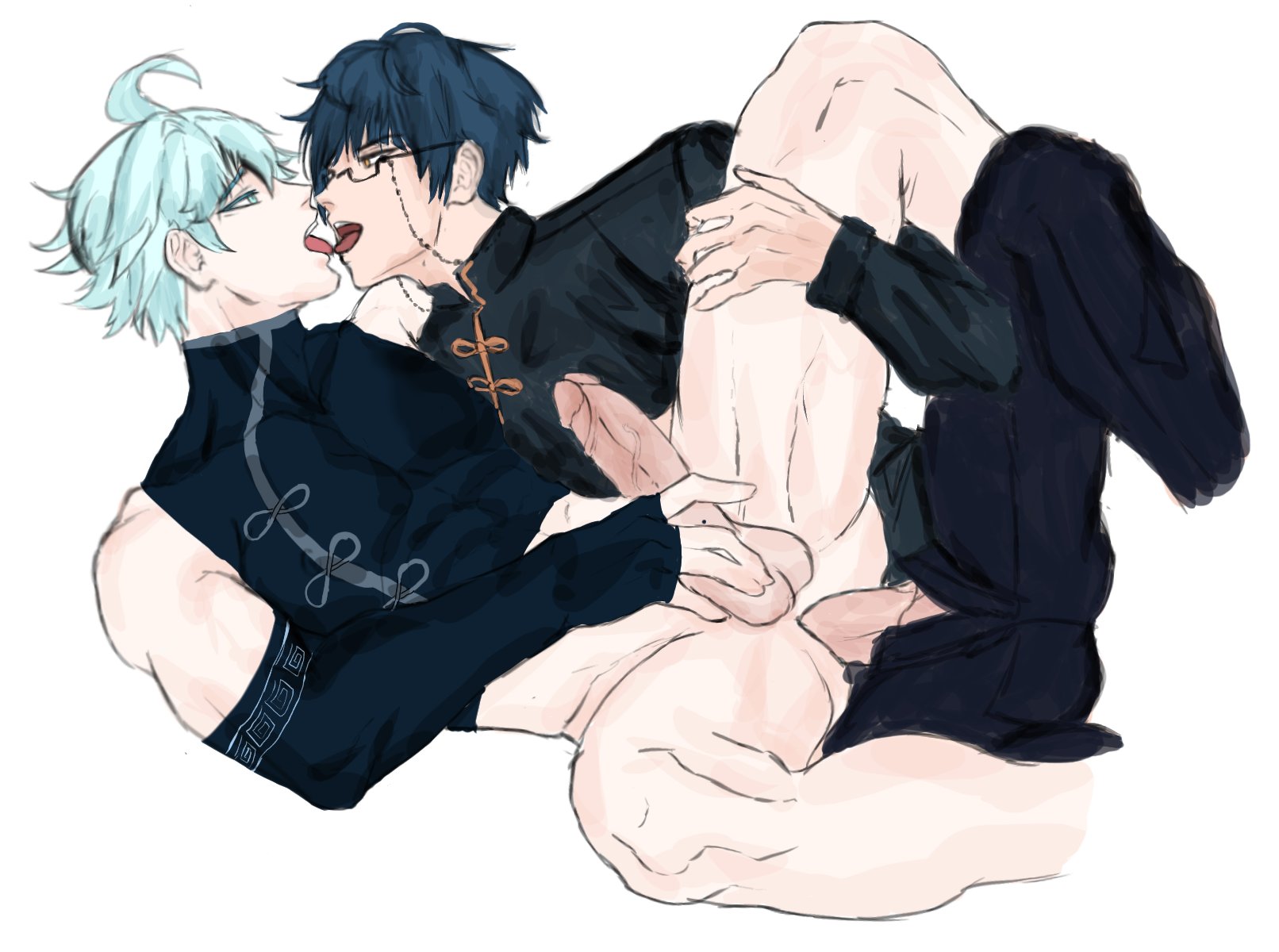 2boys, aged up, blue hair, chongyun (genshin impact), clothed sex, gay, genshin impact, genzonillablack, glasses, holding leg, male, male only, male penetrated, penis, teal eyes, teal hair, tongue, tongue kiss, tongue out, touching penis, unzipped pants, xingqiu (genshin impact), yaoi, yellow eyes