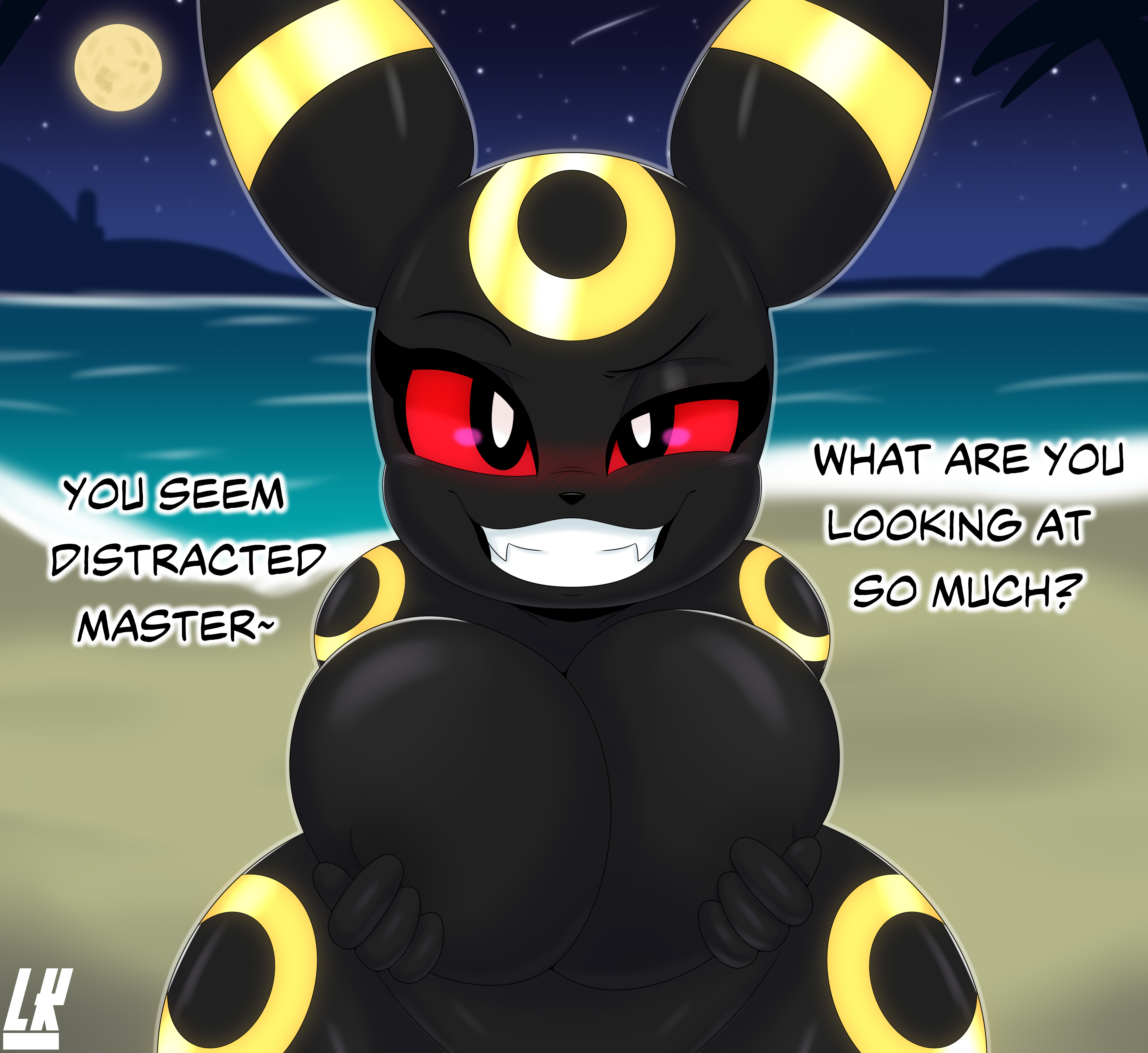 big breasts, breasts, crazy eyes, female, hourglass figure, lobokosmico, nipples, nude, pokémon (species), pokemon, pokemon (species), sea, solo, tagme, teasing, thick thighs, umbreon