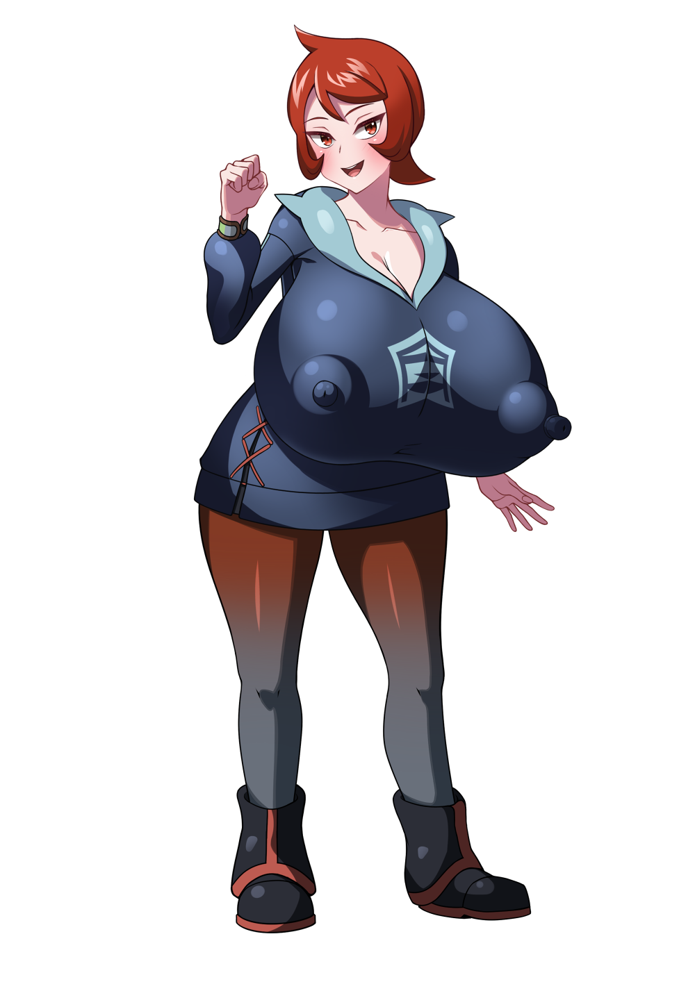 1girls alternate_breast_size arezu_(pokemon) breasts efreet enormous_breasts eye_contact hyper hyper_breasts looking_at_viewer nintendo nipple_bulge pokemon pokemon_legends:_arceus red_eyes red_hair short_hair solo standing thick_thighs thighs tight_clothing