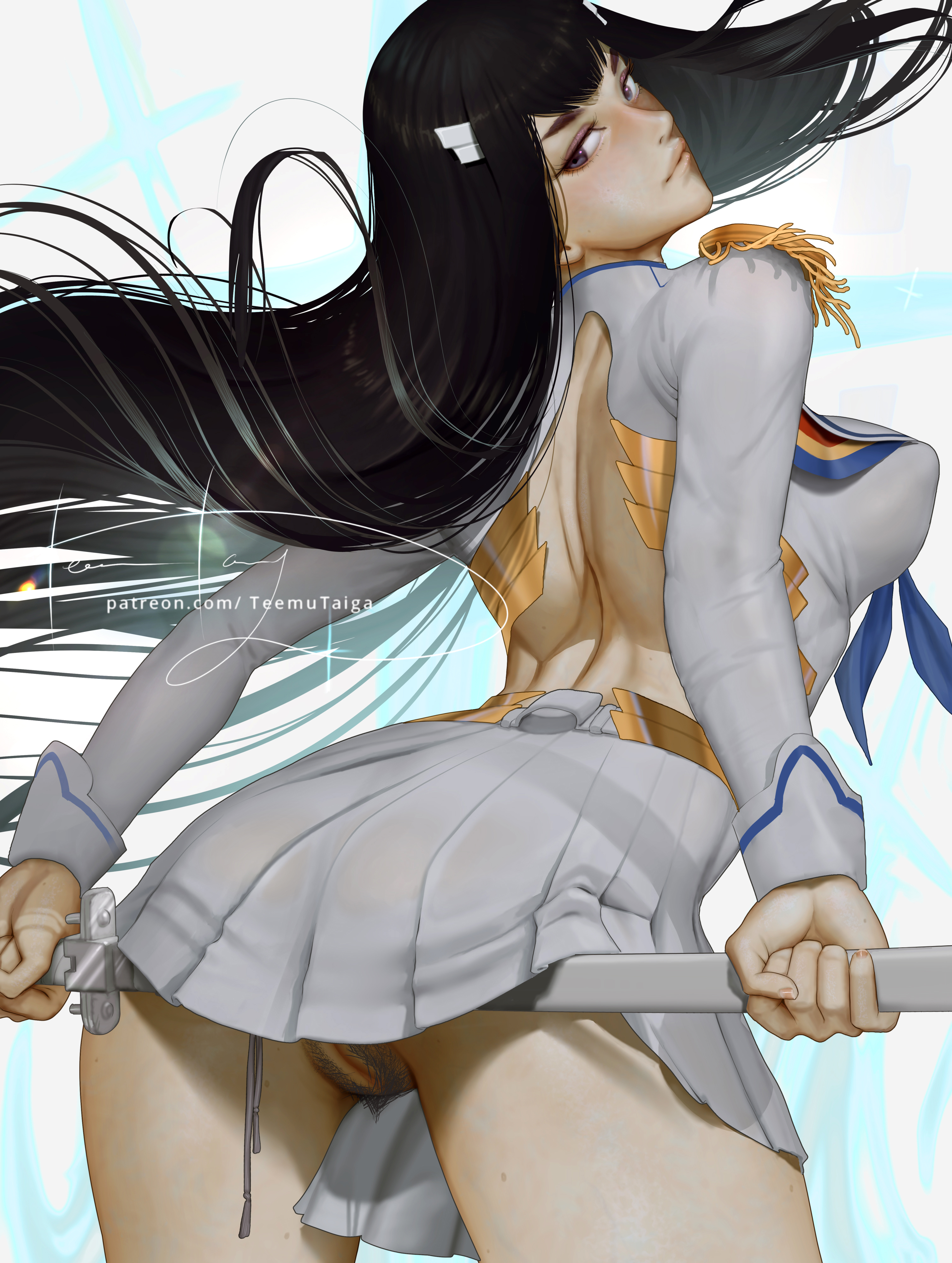 back, back view, black hair, bottomless, bottomless skirt, female, fully clothed, junketsu, kill la kill, kiryuuin satsuki, pubic hair, pussy, sword, teemu taiga, upskirt, vagina