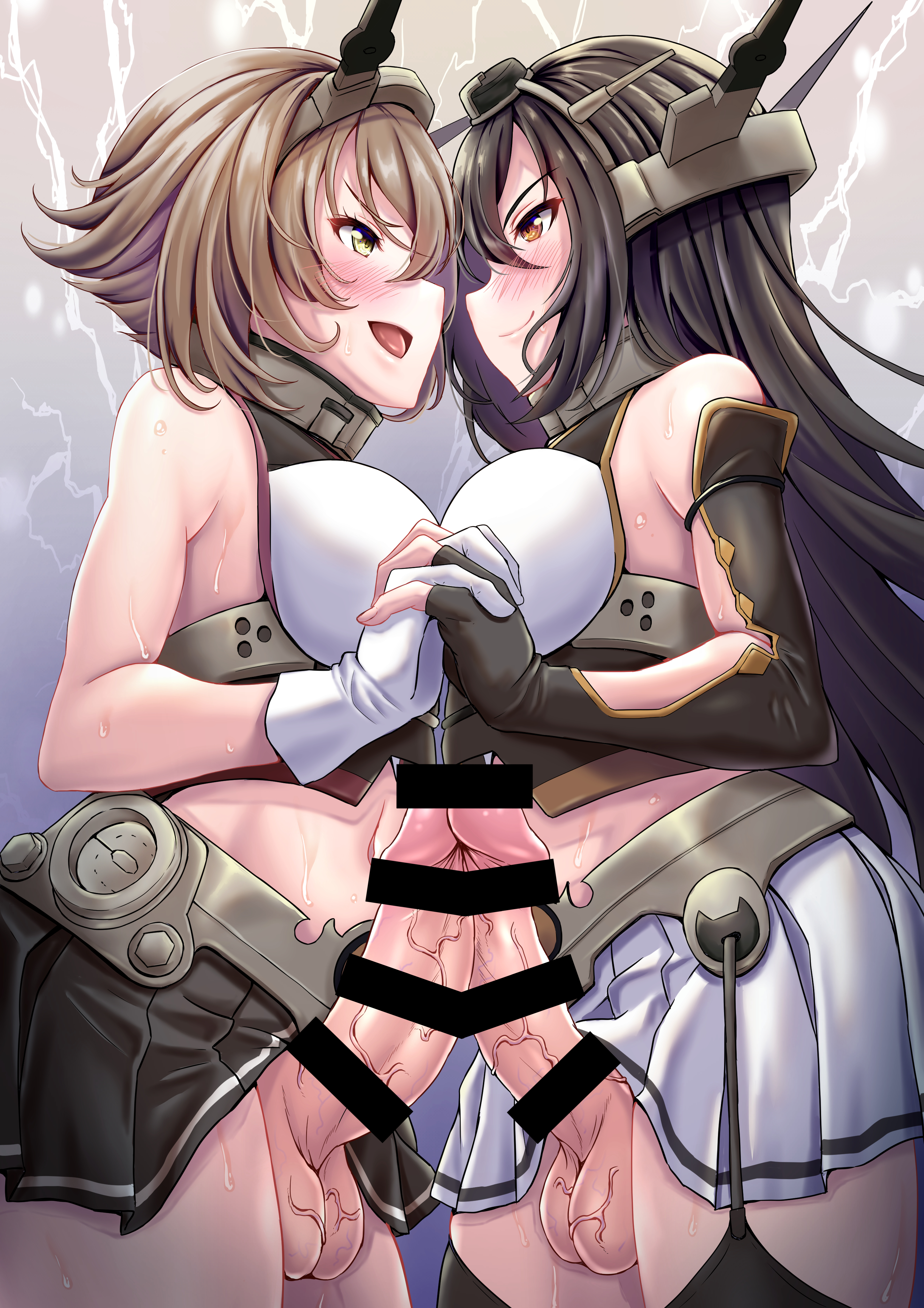 2futas, balls, big breasts, big penis, black hair, blush, breasts, brown hair, censor bar, censored, censored penis, clothed, clothing, duo, erection, frottage, frotting, futa on futa, futa only, futanari, garter belt, gloves, green eyes, hand holding, holding hands, hotelstcroix, huge breasts, human, intersex, kantai collection, light skin, light-skinned futa, long hair, looking at another, mutsu (kantai collection), nagato (kantai collection), orange eyes, pale skin, partially clothed, penis, short hair, skirt, squatting, tagme, testicles, thighhighs, thighs, veiny balls, veiny penis, veiny testicles, white gloves