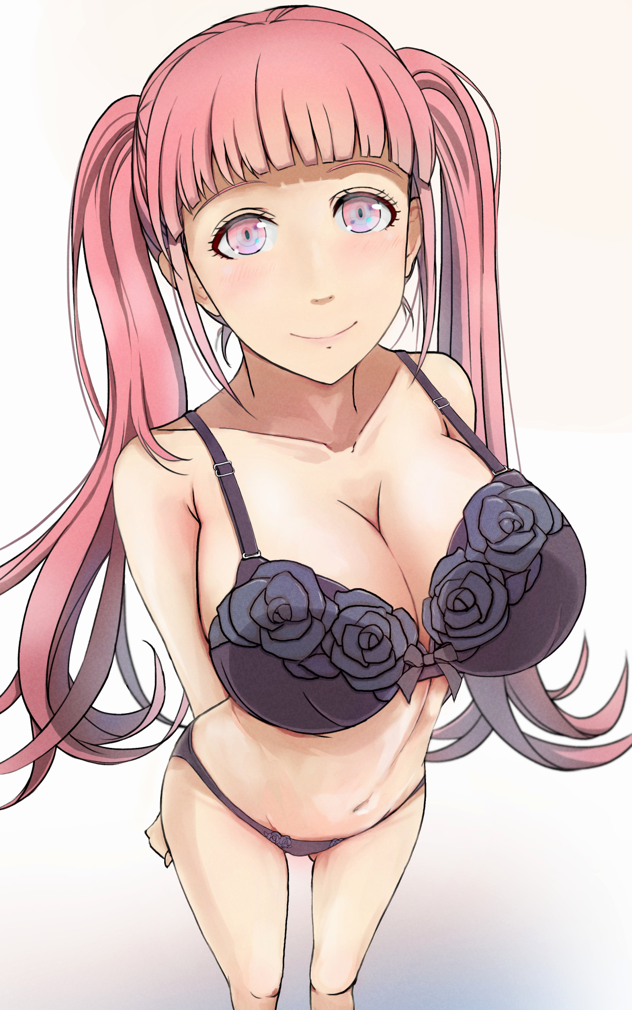1girls, bangs, bare legs, black panties, bra, breasts, cleavage, female, fire emblem, fire emblem: three houses, from above, hilda valentine goneril, large breasts, long hair, looking up, nintendo, panties, pink eyes, pink hair, sangoku123, smile, solo, twintails, underwear, white background