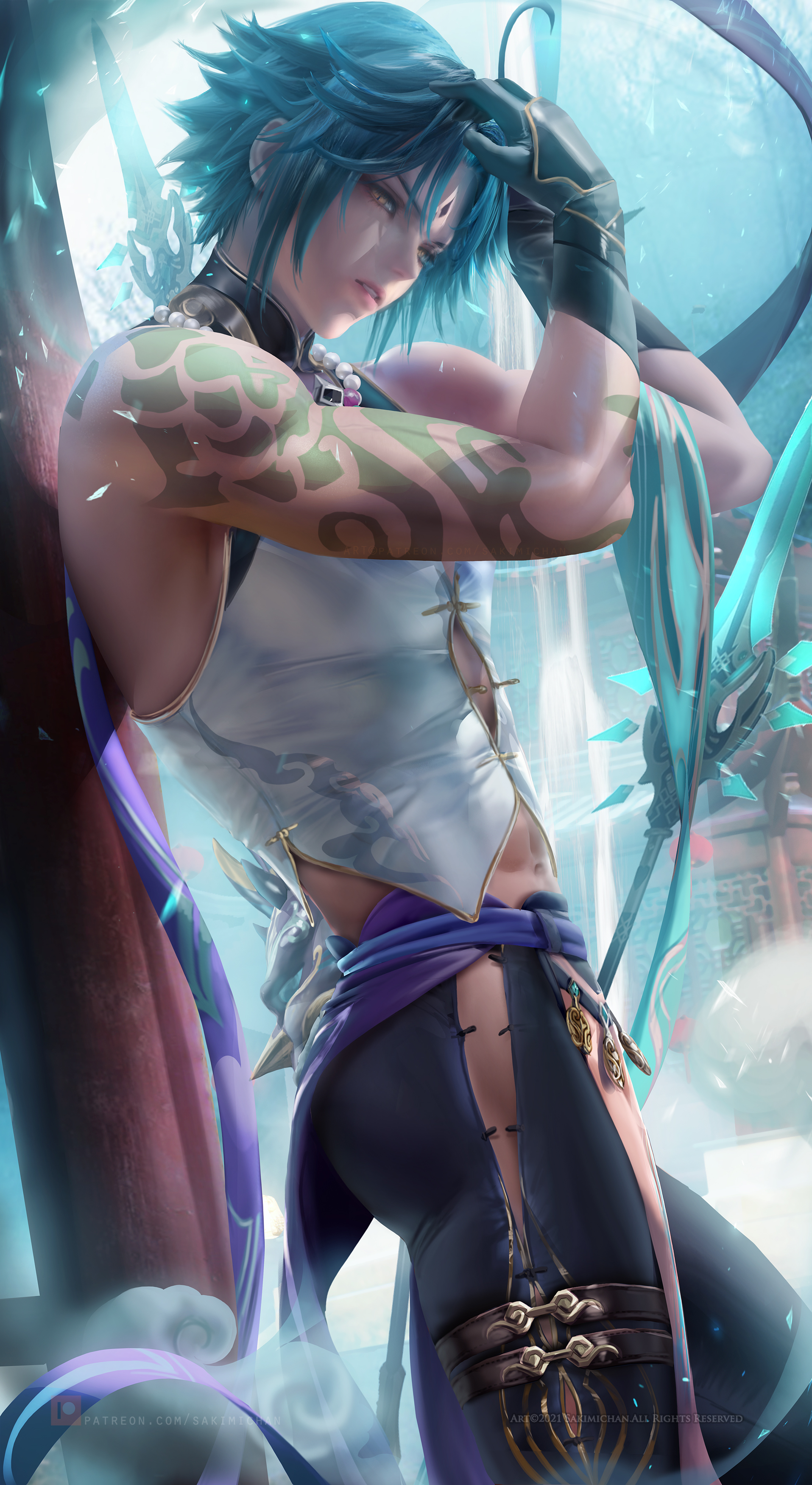 ass, bubble ass, bubble butt, genshin impact, male, male only, muscular, muscular arms, muscular male, sakimichan, xiao (genshin impact)