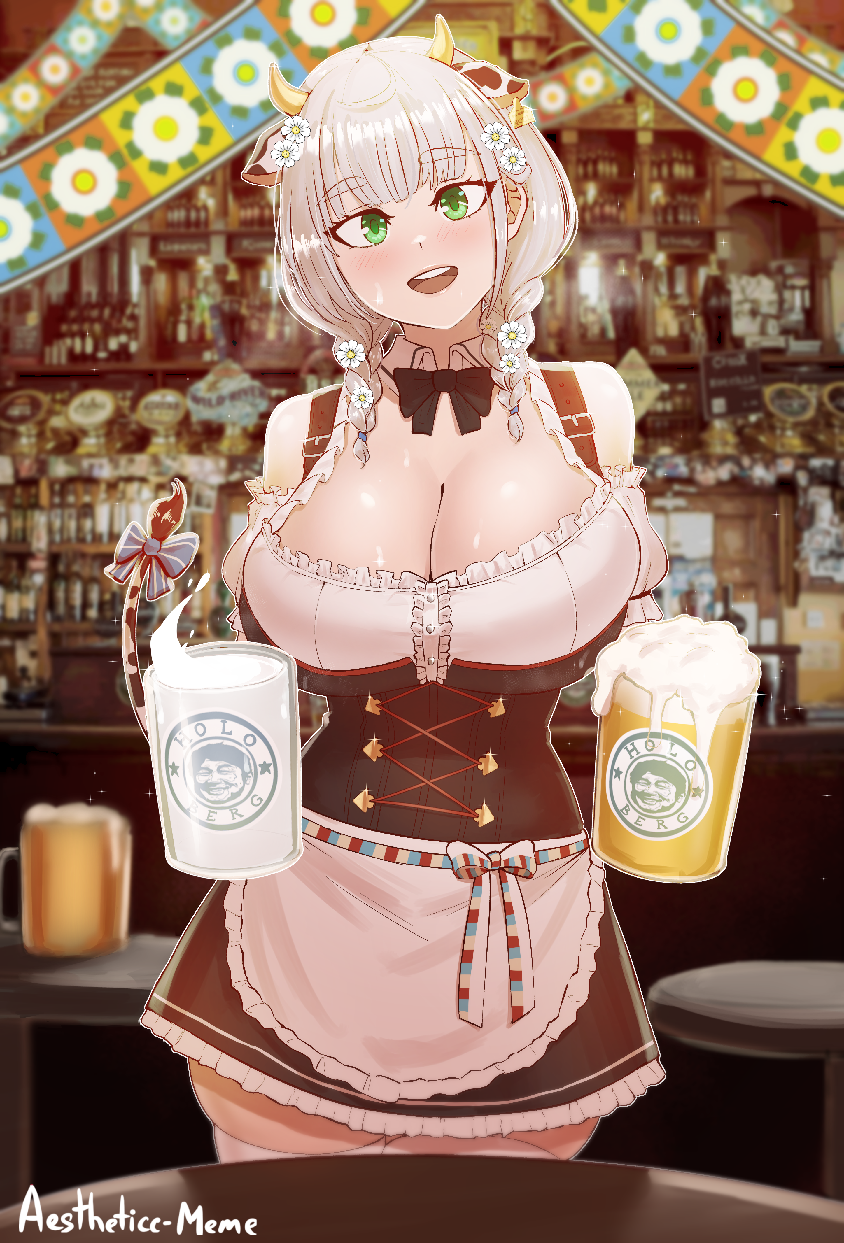 1girls, aestheticc-meme, barmaid, beer, beer mug, big breasts, breasts, cleavage, female, female only, flower in hair, green eyes, happy, hololive, hololive fantasy, hololive japan, horns, large breasts, looking at viewer, platinum blonde hair, ribbon, shirogane noel, smiling, solo, virtual youtuber, white hair