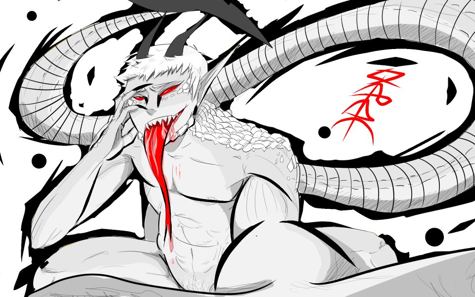 1boy black_and_white claws demon demon_horns demon_tail long_tongue naked original_character raven_ryukai red_eyes red_tongue scales