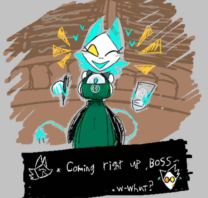 big_breasts catgirl cute deltarune iced_latte_with_breast_milk meme robot_catgirl robot_girl starbucks swatch_(deltarune) tagme tasque_manager_(deltarune) text_box