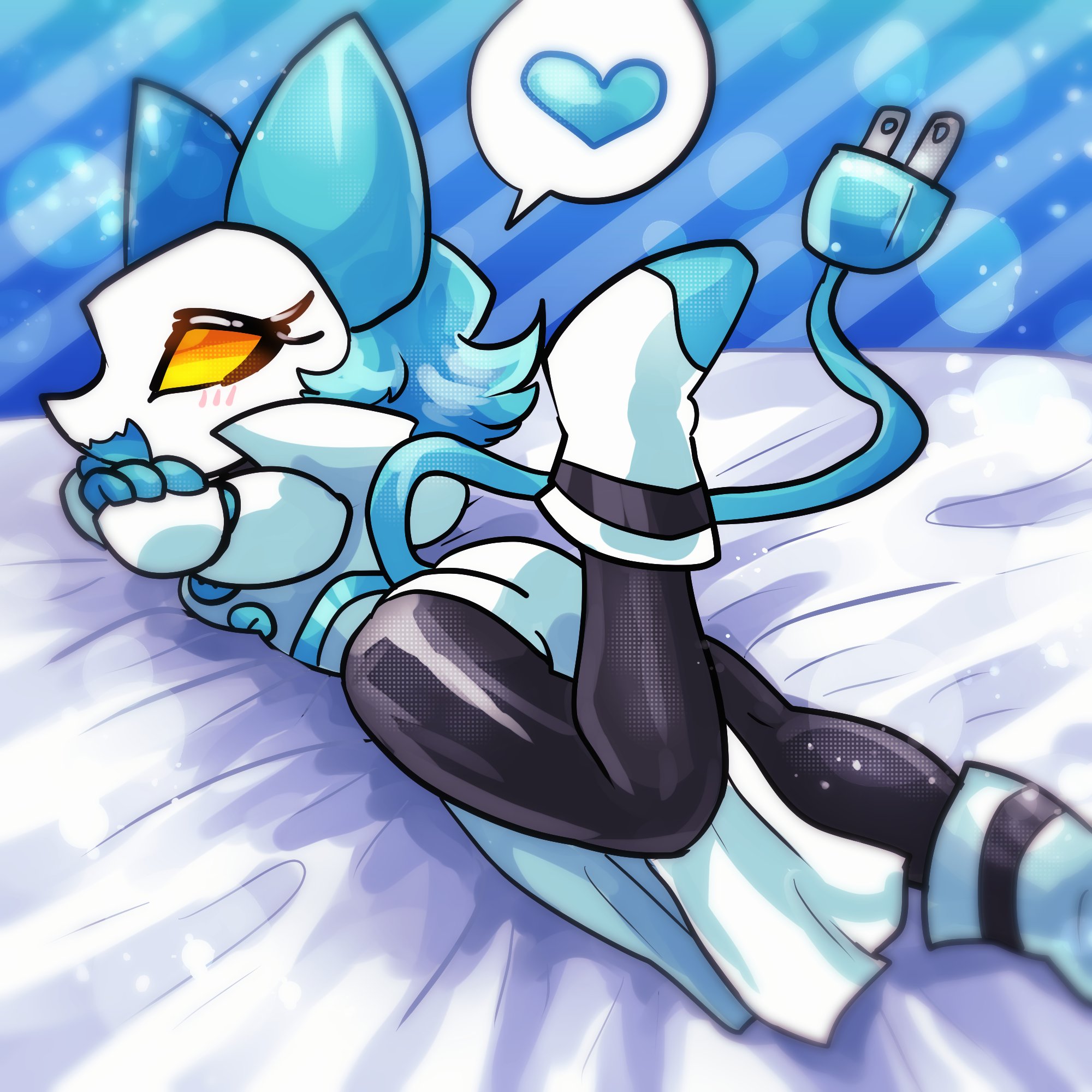 blushing, blushing at viewer, deltarune, female, laying on bed, laying on stomach, robot girl, tasque manager (deltarune)