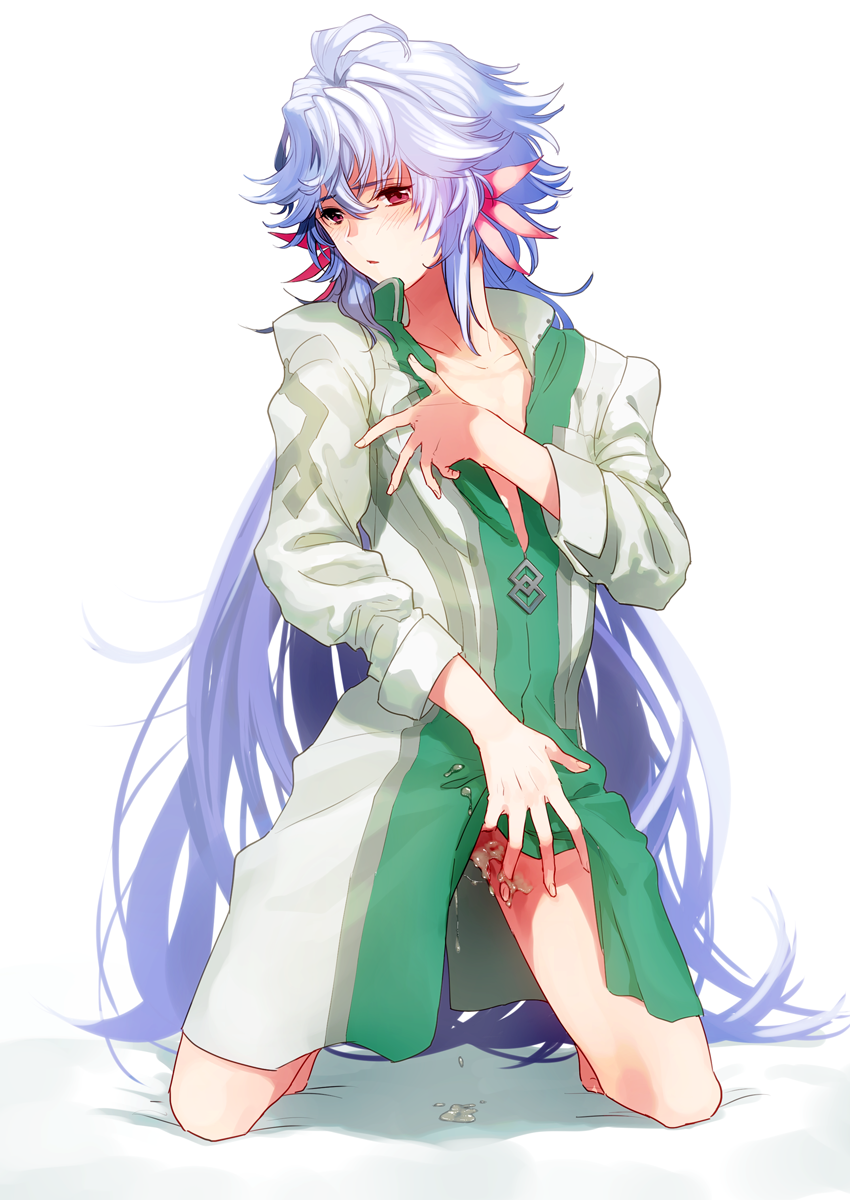 1boy androgynous artist_request blush cum cum_on_body fate/grand_order fate/stay_night fate_(series) femboy hiding_penis male_focus male_only merlin_(fate) penis purple_hair red_hair trap