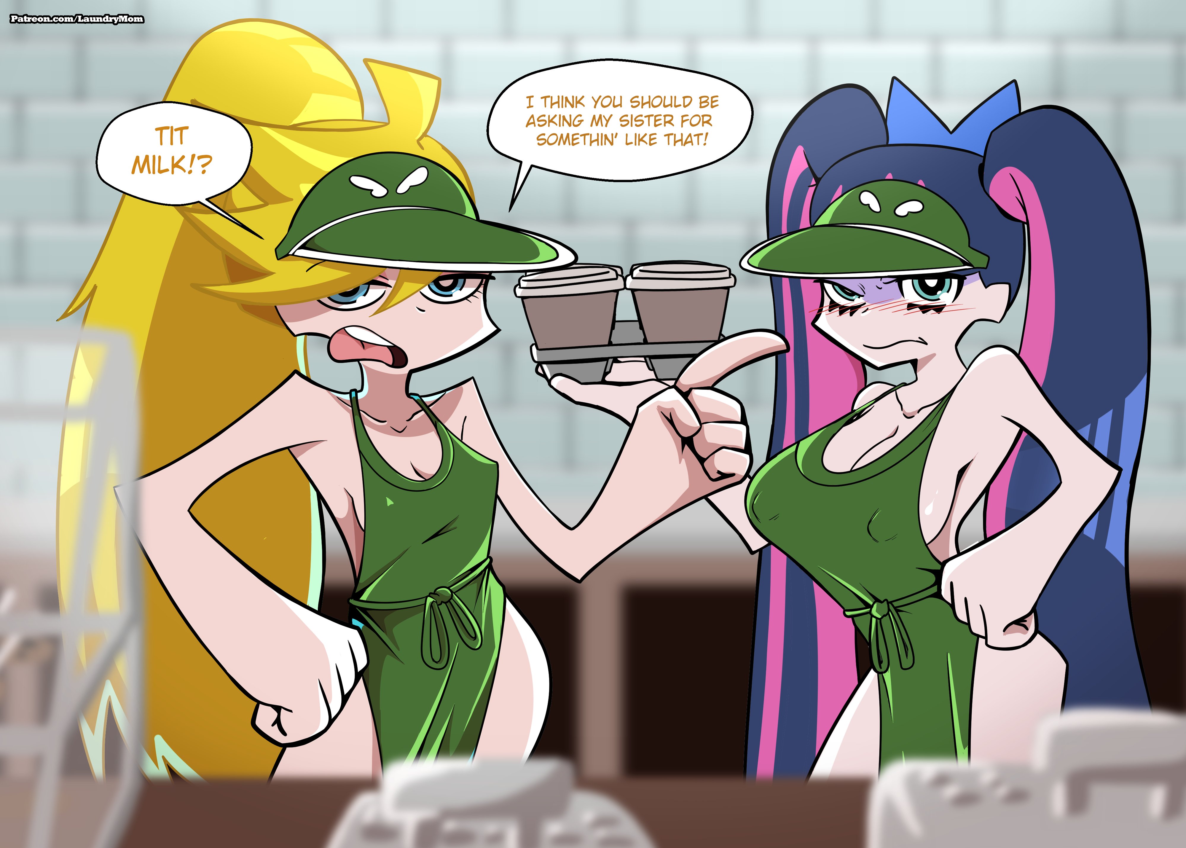 2girls, apron, apron only, barista, big breasts, blonde hair, blue eyes, blue hair, blush, breasts, cap, cleavage, clothing, coffee, collarbone, curvy, dark blue hair, eye contact, fast food, female, female only, goth, hair between eyes, hair ribbon, hairbow, headwear, high ponytail, iced latte with breast milk, laundrymom, long hair, looking at viewer, meme, naked apron, narrowed eyes, nipple bulge, outerwear, panty & stocking with garterbelt, panty anarchy, pink hair, ponytail, sisters, small breasts, speech bubble, standing, stocking anarchy, text, twintails, two-tone hair, uniform, very long hair, visor