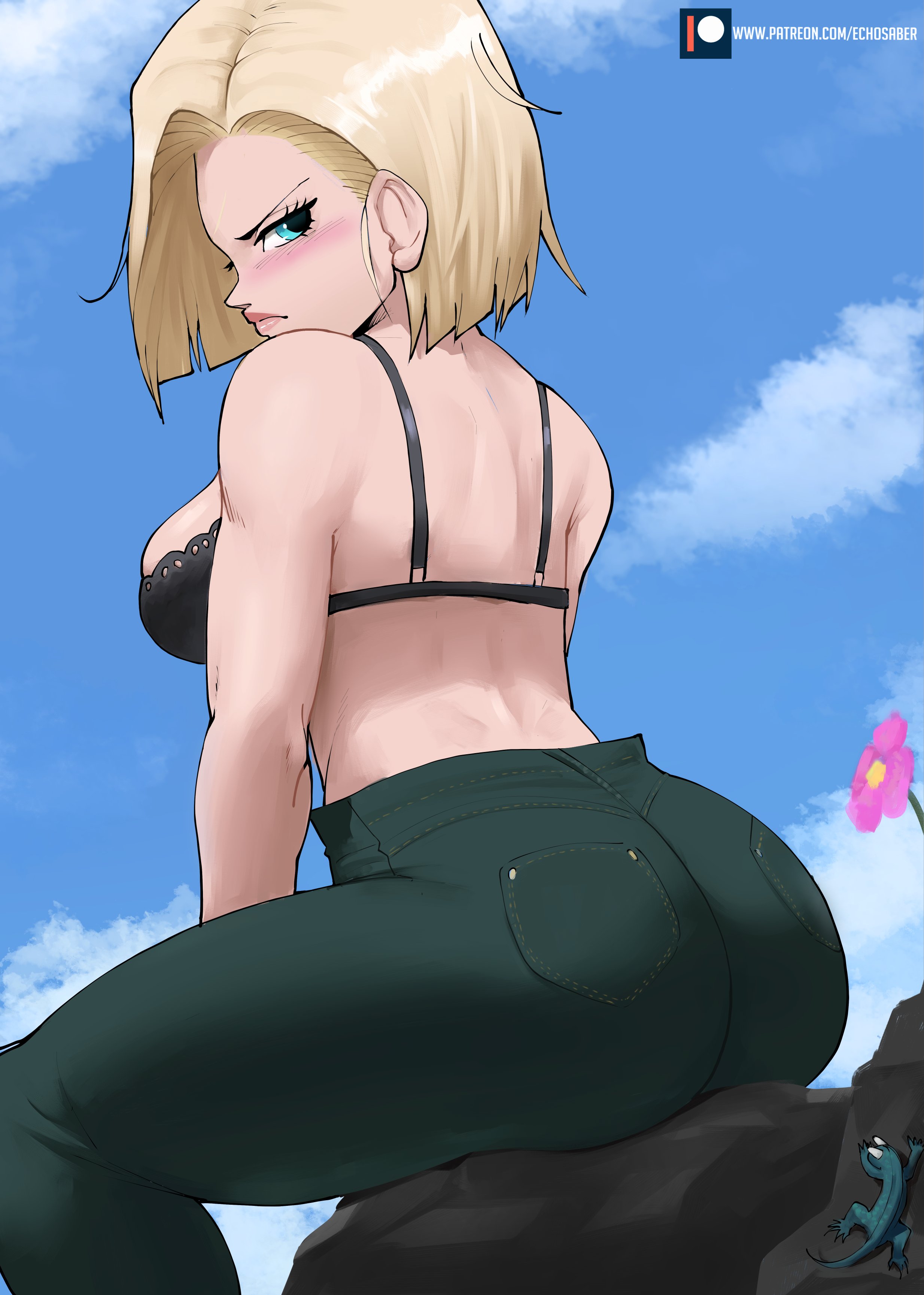 1girls, android 18, ass, big ass, big ass (female), big breasts, blonde hair, blue eyes, blush, bra, breasts, dragon ball, dragon ball z, echosaber, female, female only, fully clothed, huge ass (female), jeans, lace bra, looking at viewer, looking back, rear view, solo, tight jeans, tight pants